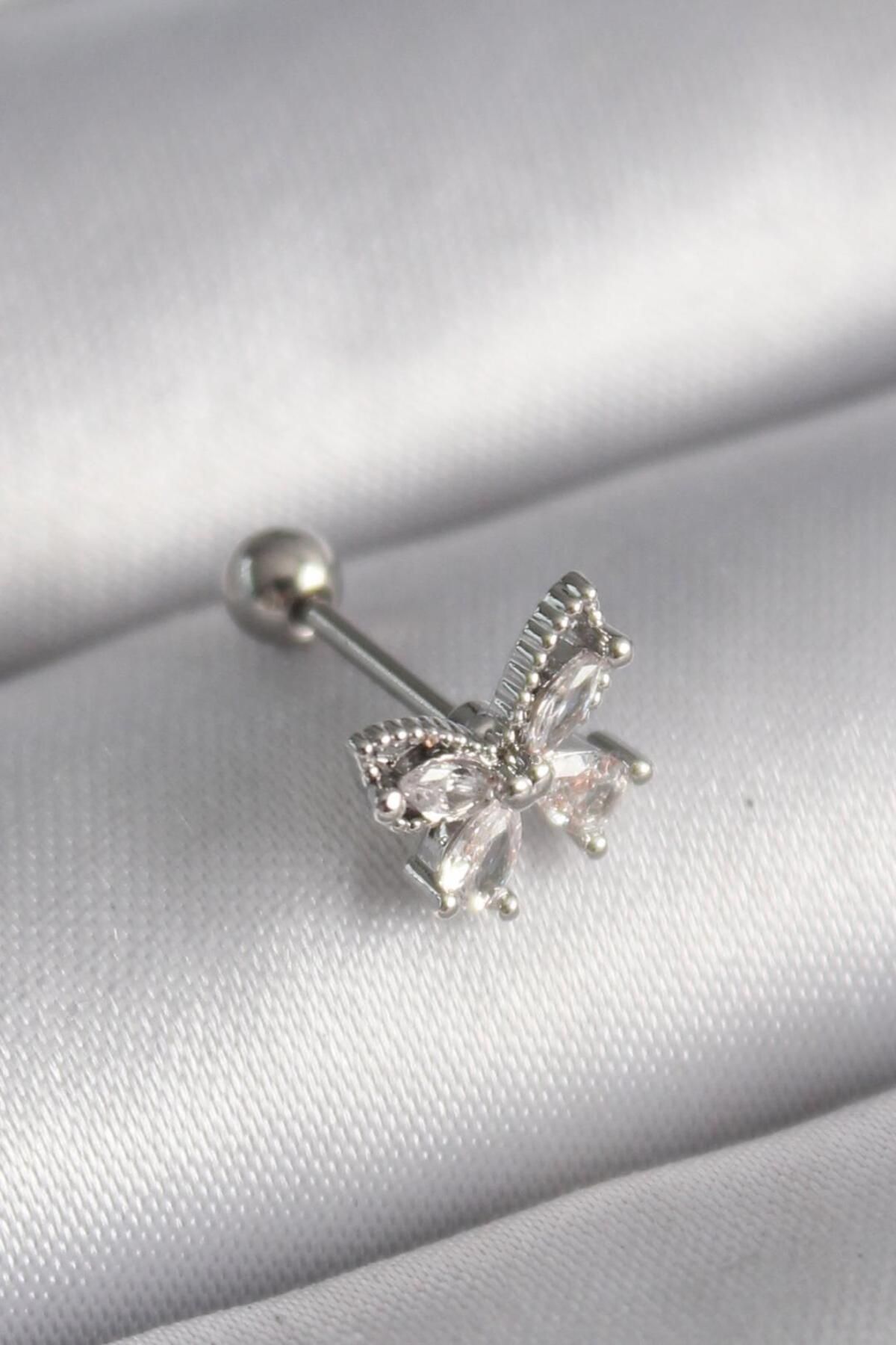 AfraBeauty 316L Çelik Gümüş Renk Zirkon Taşlı Kelebek Tragus Piercing