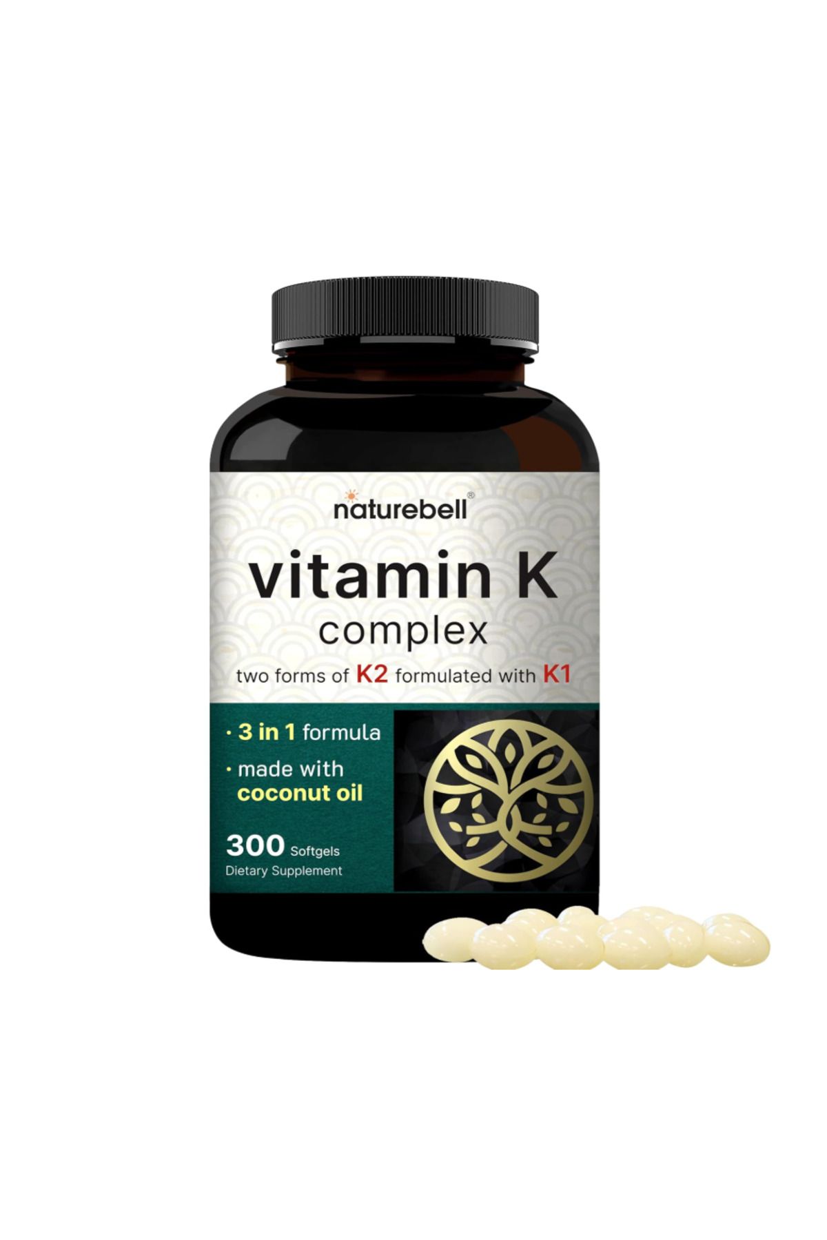 Naturebell , Vitamin K Complex, K1 + K2 (MK-7 & MK-4) 2,600mcg Per Serving, 300 Coconut Oil Softgels