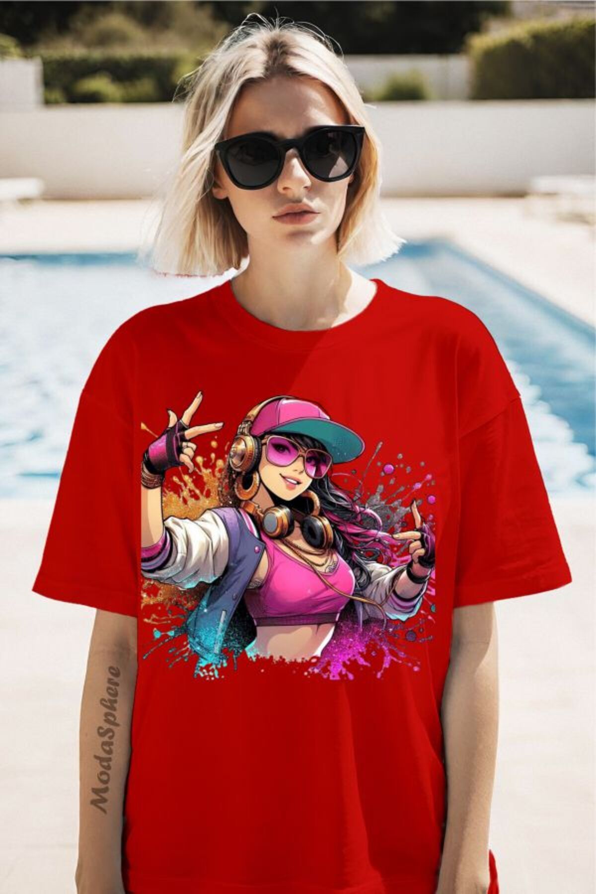 ModaSphere Şapkalı Kız Baskılı Unisex Oversize Tişört