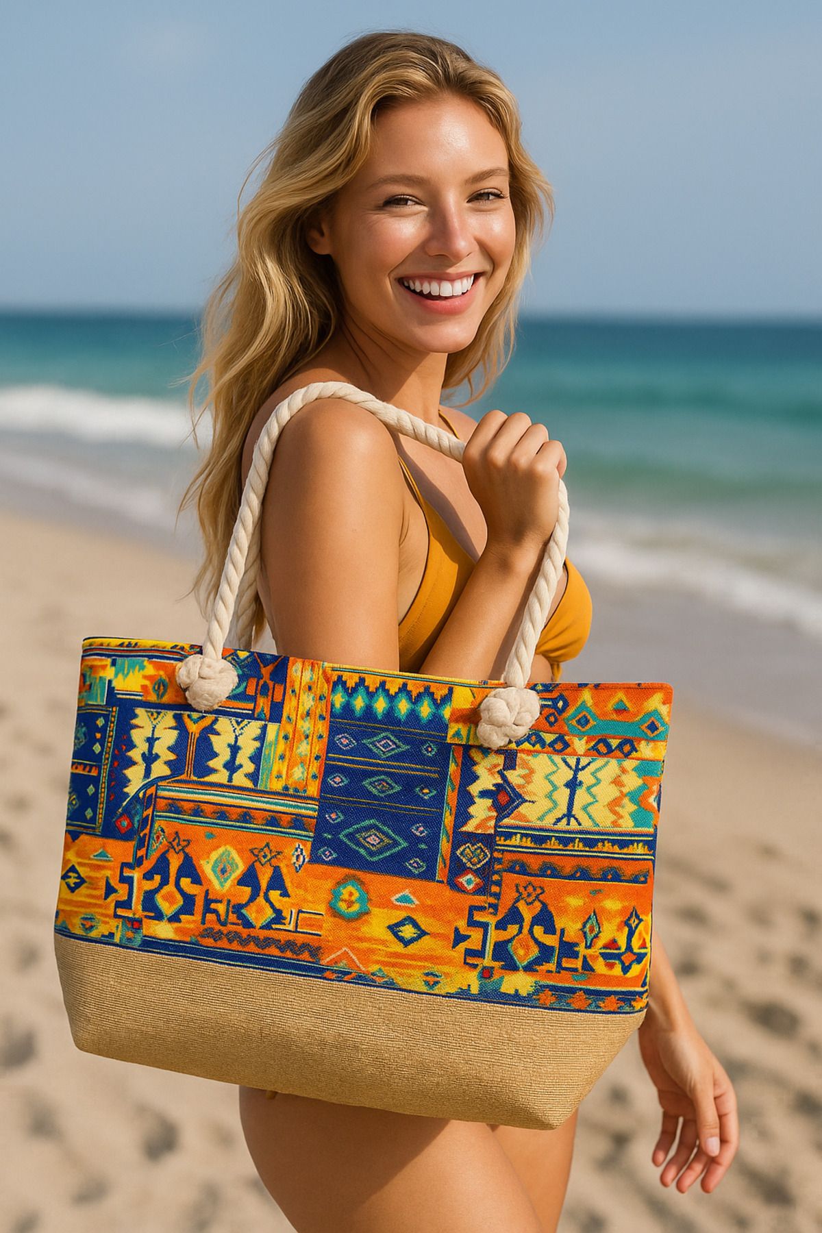 FDF STORE Plaj Çantası Kadın Kaliteli Baskılı Kumaş Beach Bag
