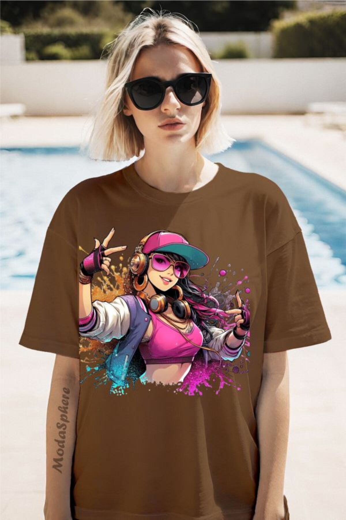 ModaSphere Şapkalı Kız Baskılı Unisex Oversize Tişört