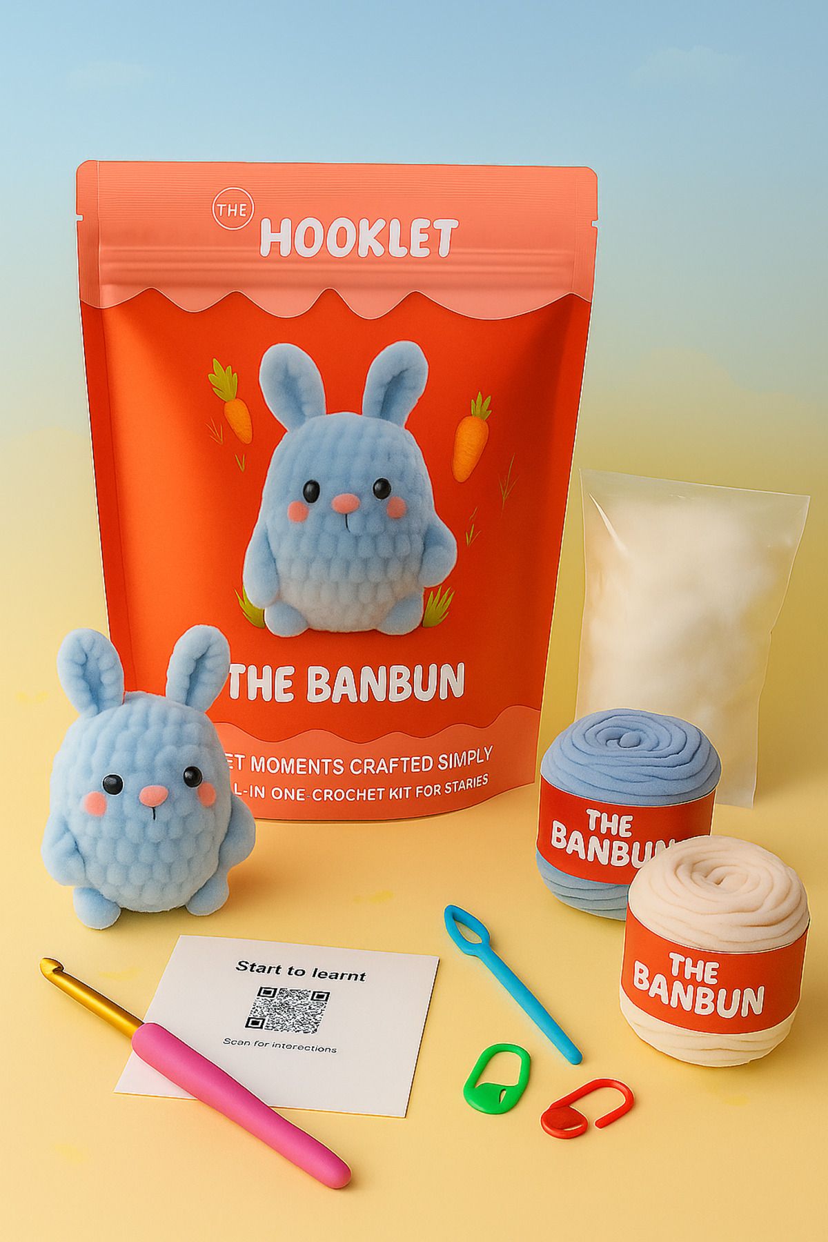 The Hooklet The Banbun, Tavşan Amigurumi Tığ Kiti, Tığ işi Amigurumi, Amigurumi Örgü Seti, Örgü Kiti