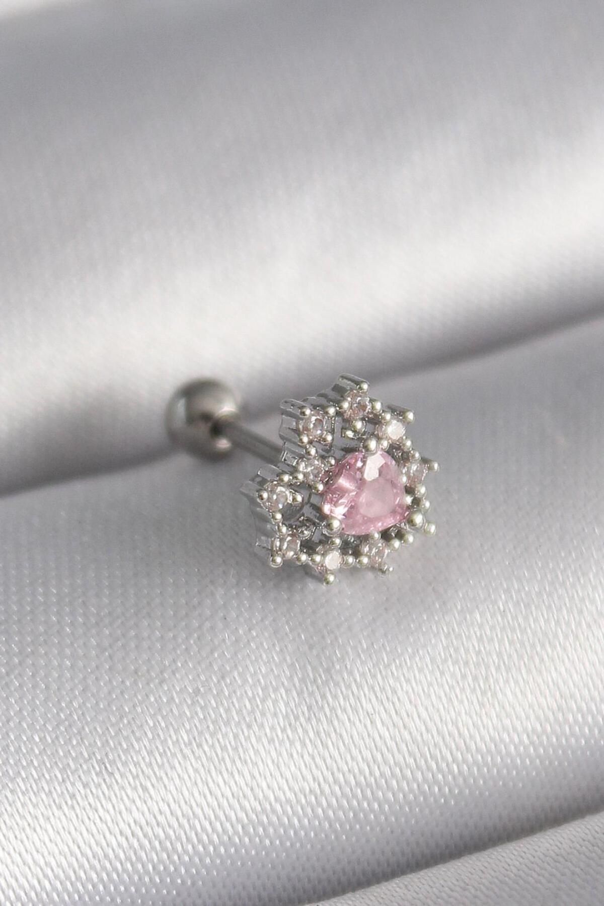 AfraBeauty 316L Çelik Gümüş Renk Zirkon Taşlı Kalp Tragus Piercing