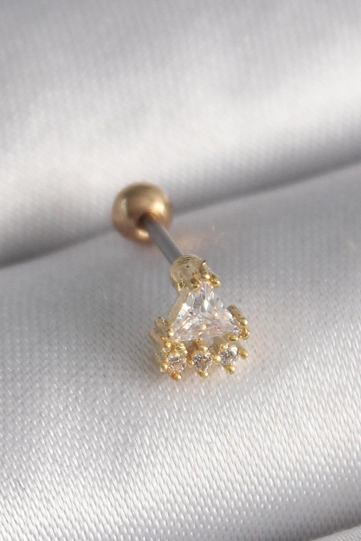 AfraBeauty 316L Çelik Gold Renk Üçgen Zirkon Taşlı Tragus Piercing