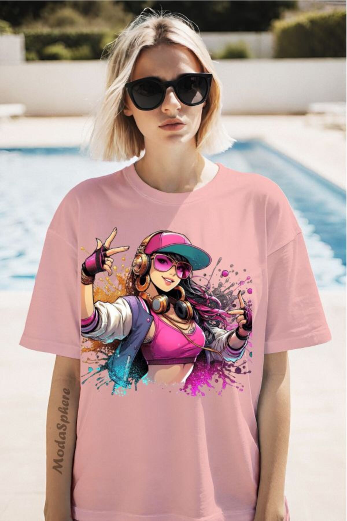 ModaSphere Şapkalı Kız Baskılı Unisex Oversize Tişört