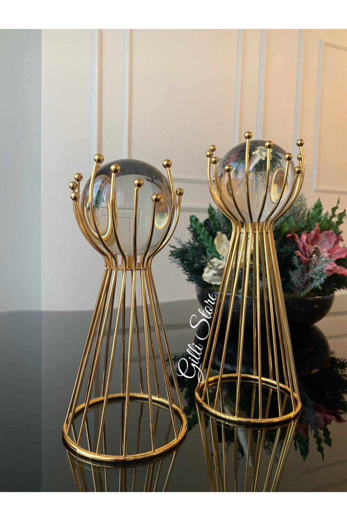 DEKORANLA Şık 2'li Metal Küre Seti, Altın Renk, Dekoratif Aksesuarlar