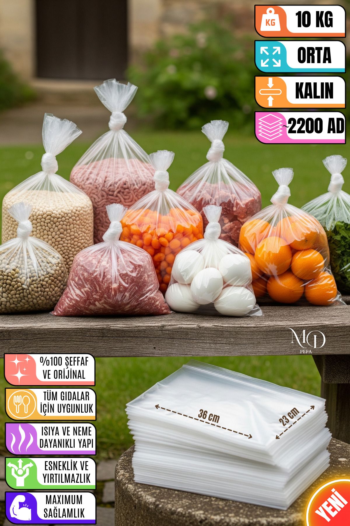 MD Pepa 10 KG Orta Boy | Gıda Saklama Torbası – Kiler, Buzluk, Buzdolabı Uyumlu A+ Şeffaf Poşet