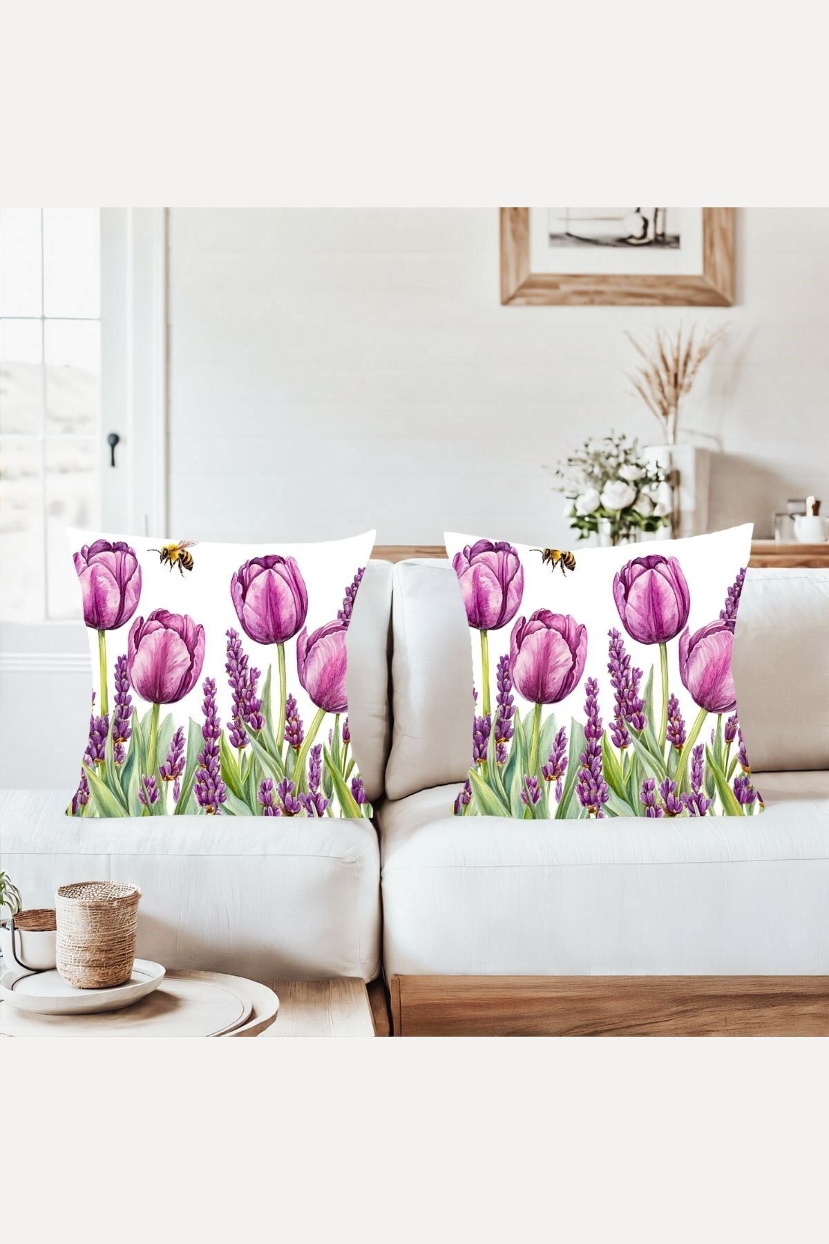 farbala Mor Lale Desenli Flowers Kombin Gizli Fermuarlı Kırlent Kılıfı Koltuk Yastık Kılıfı Takım(2ADET)