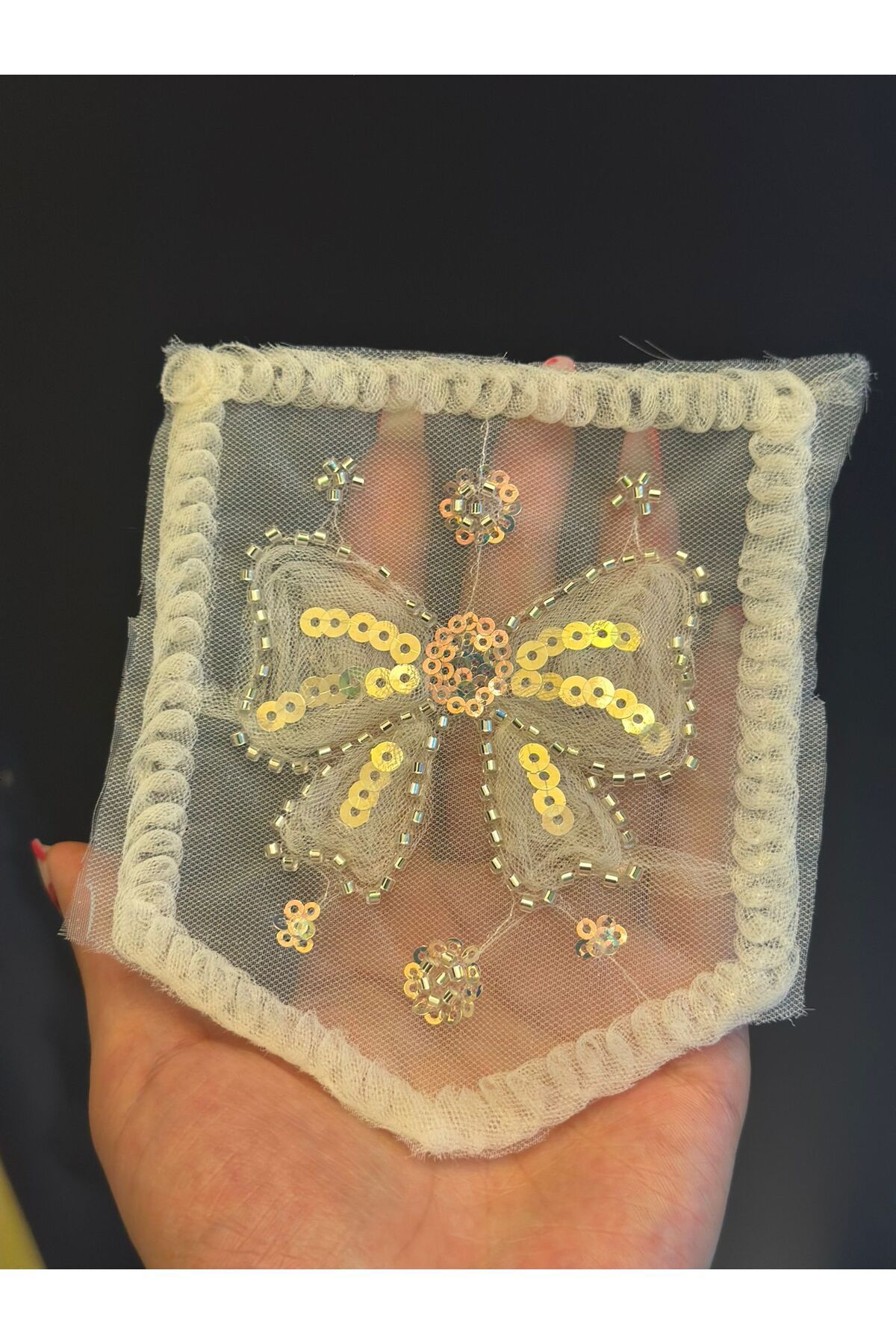 Gönülden Tasarım 14X12 CM BONCUK PUL İŞLEME FİYONK CEP ARMAA DİKİŞ APLİKE Beyaz