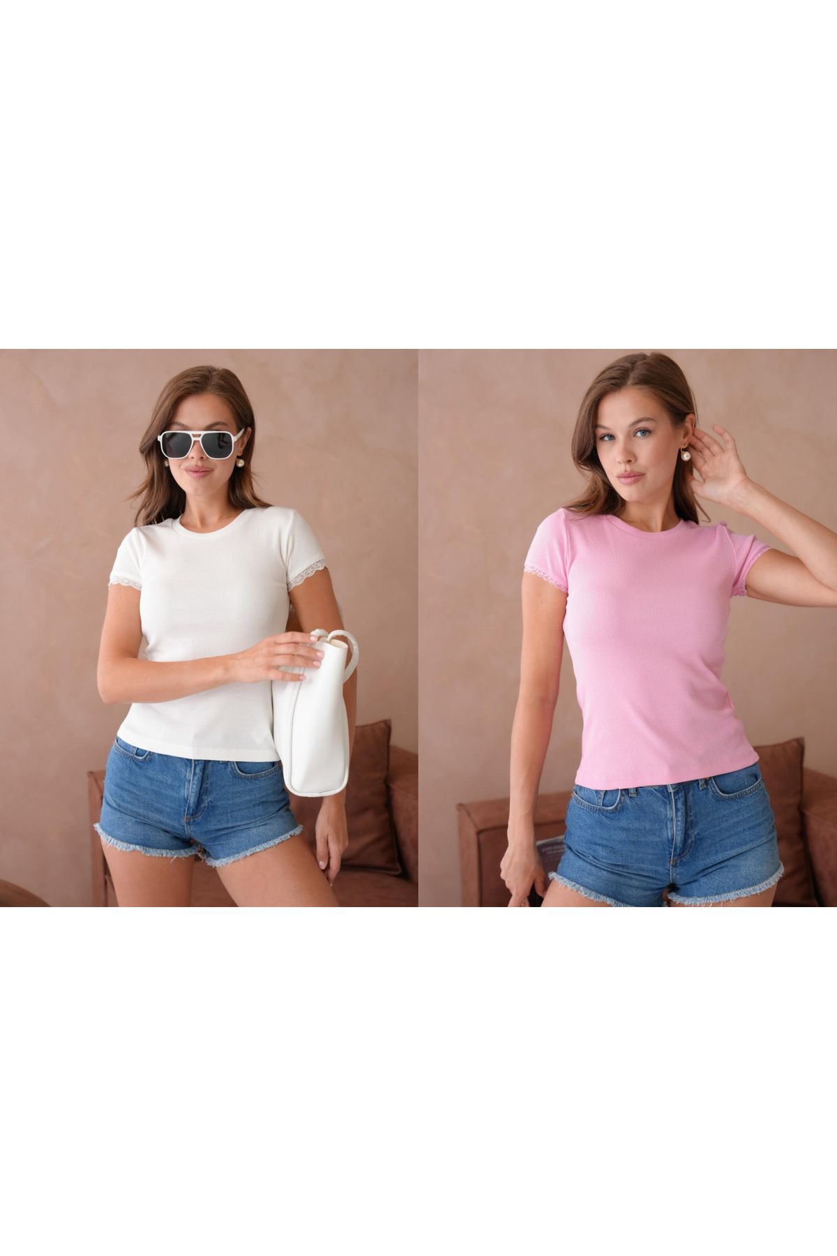 Noi Belis İkili Paket Dantel Detaylı Kısa Kol Bisiklet Yaka İnce Yazlık T-Shirt SS25TS0003