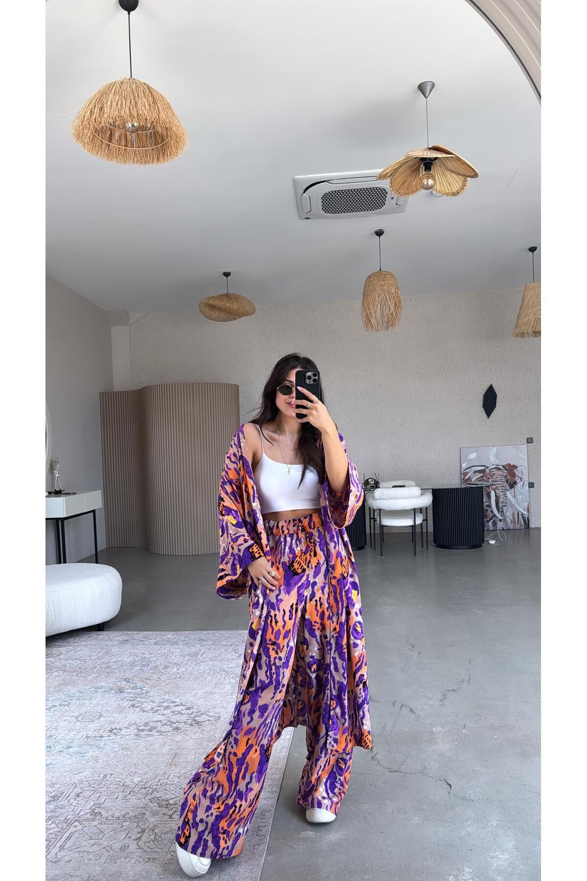 Buket Teke Mor Juna Kimono Pantolon Takım