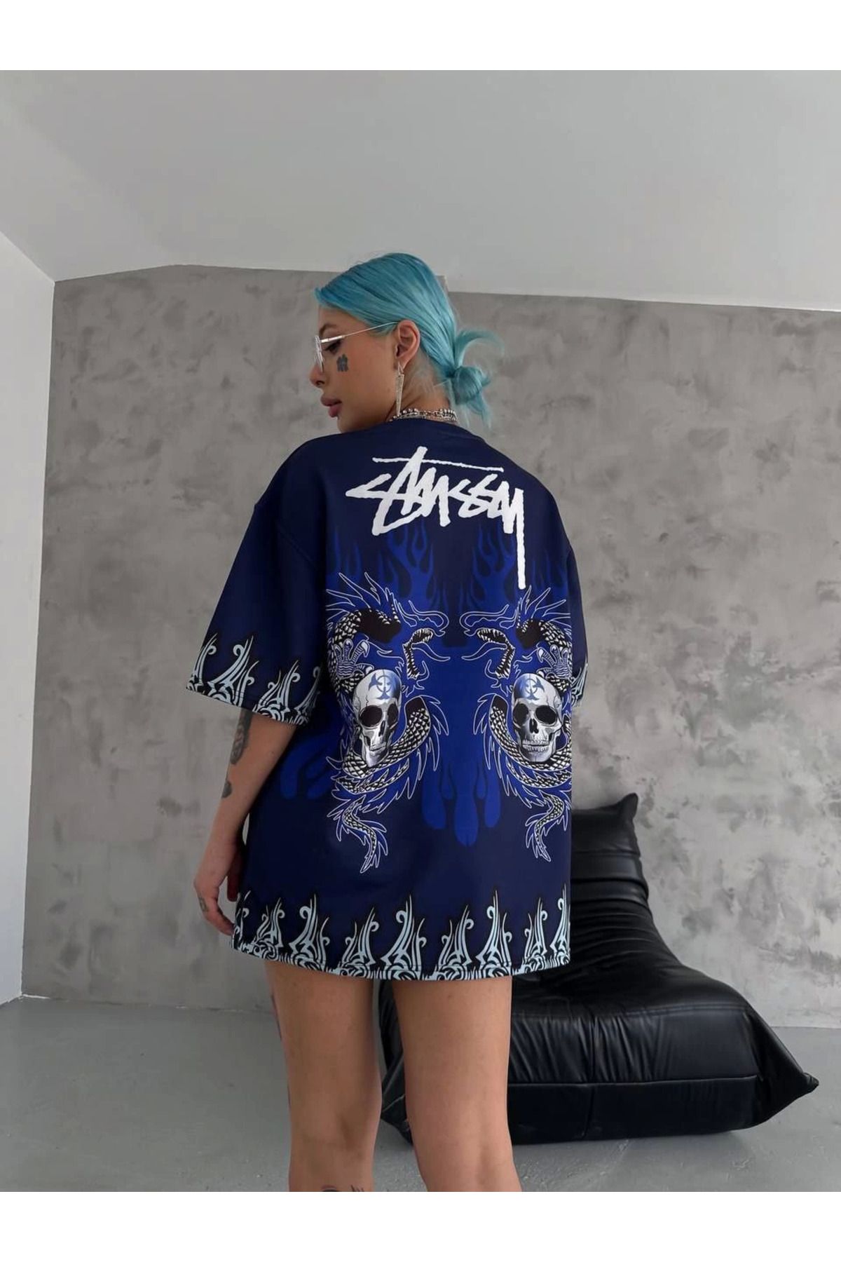 Serero Unisex Bisiklet Yaka Baskılı Oversize T-Shirt - Lacivert