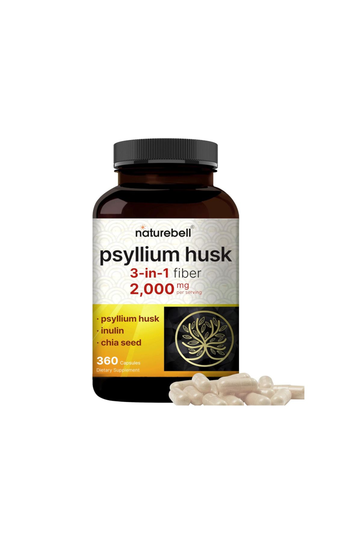 Naturebell , Psyllium Husk Capsules 2,000mg Per Serving, 360 Count