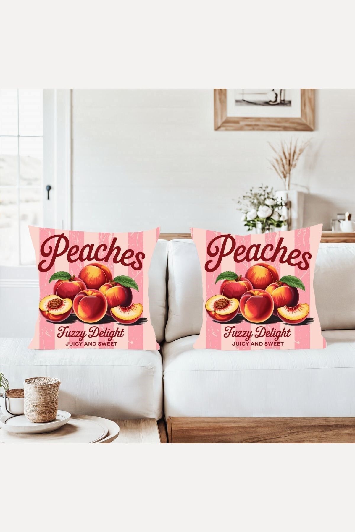 on the clouds Vintage Meyve Desen Peaches Kombin Gizli Fermuarlı Kırlent Kılıfı Koltuk Yastık Kılıfı Takım(2ADET)