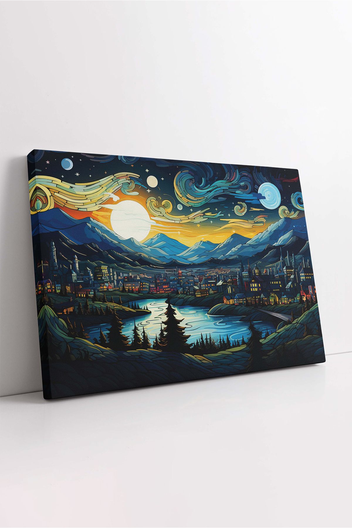 KOSS Dijital Van Gogh Tarzı Gece Manzarası Kanvas Tablo, Mavi Gece ve Şehir Manzarası Tablo, Lüks Kanvas