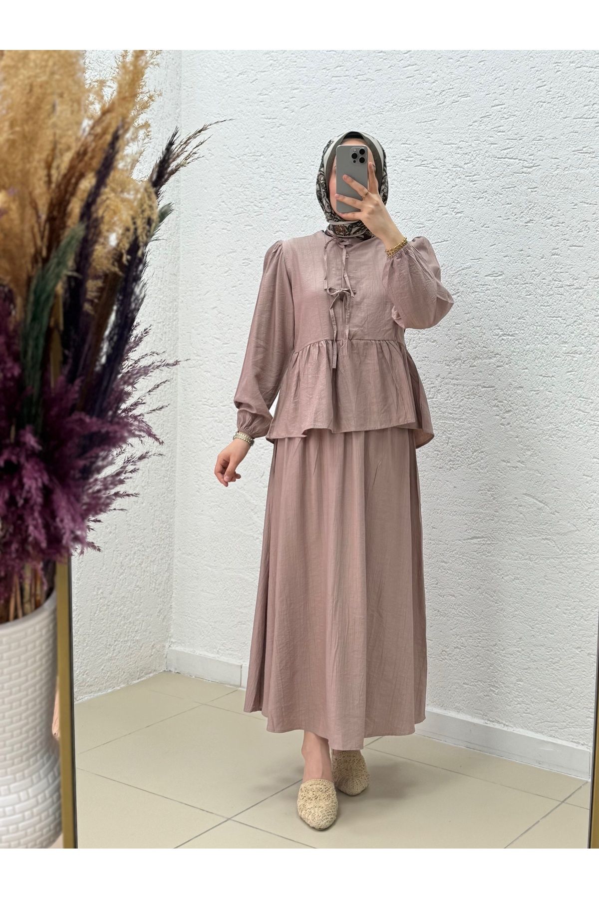 MİHRA STORE Zenira Çilek Etekli Biyeli Düğmeli Takım-NA3389 Kahve