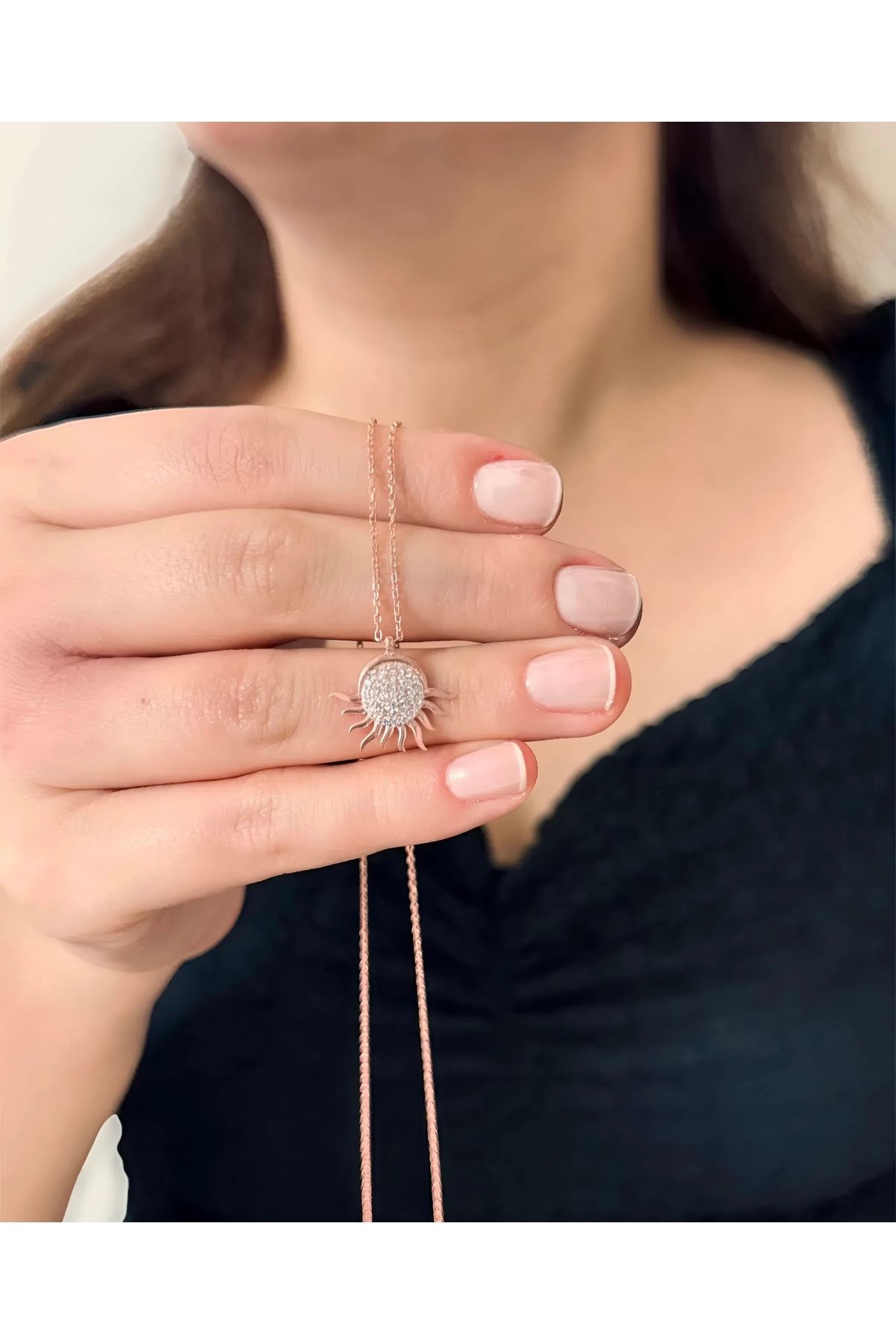 Azra Silver&Aksesuar 925 Ayar Zirkon Taşlı Güneş Model Zincirli Gümüş Kolye