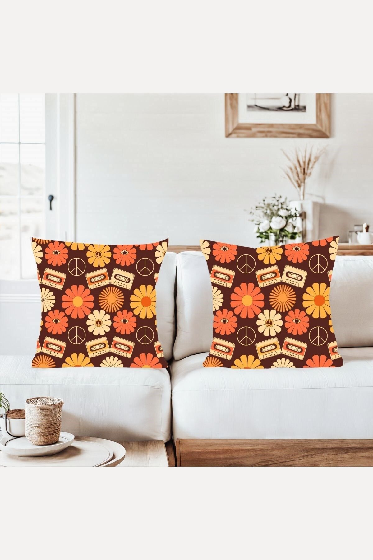 farbala Vintage Çiçek Desenli Kombin Gizli Fermuarlı Kırlent Kılıfı Koltuk Yastık Kılıfı Takım(2ADET)