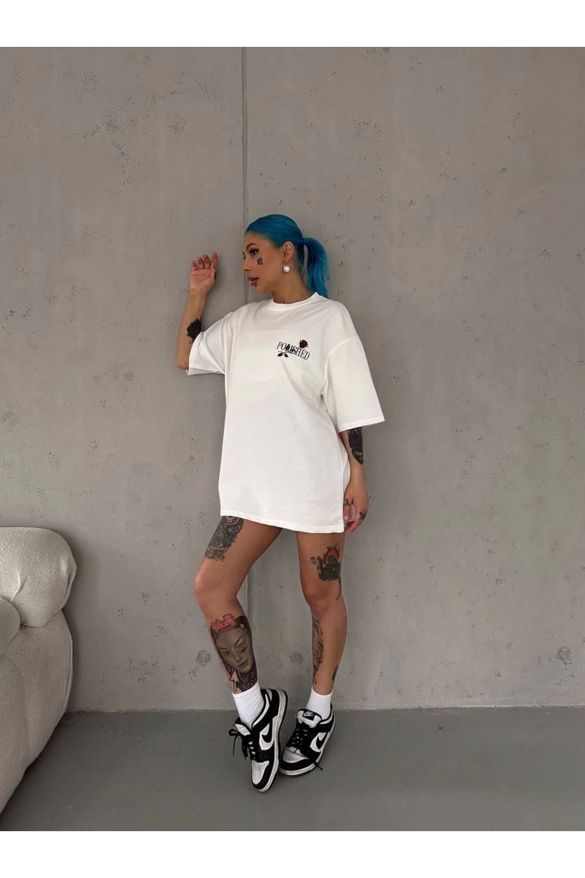 Serero Unisex Bisiklet Yaka Baskılı Oversize T-Shirt - Beyaz
