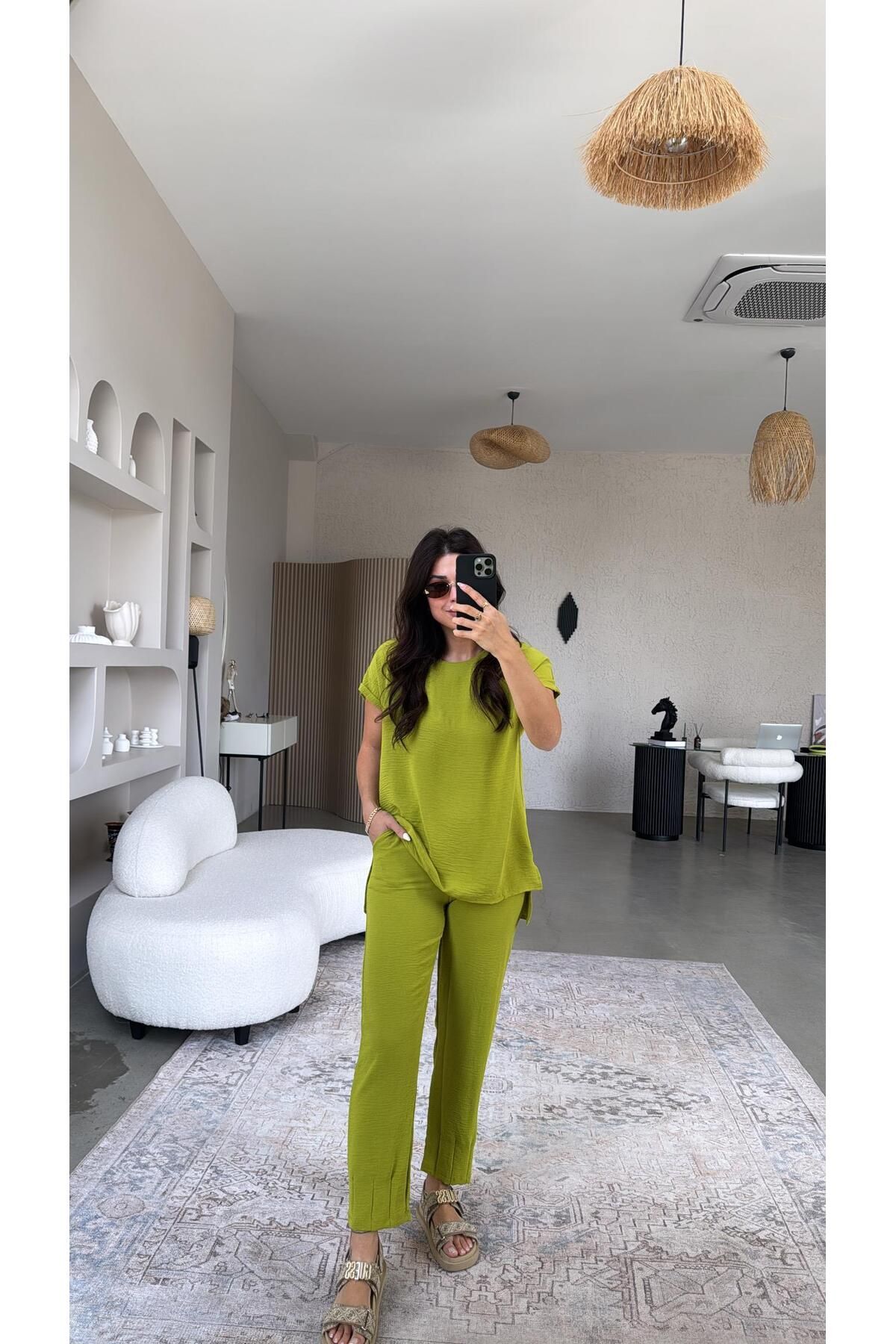 Buket Teke Olive Paça Pensli Pantolon Bluz Takım