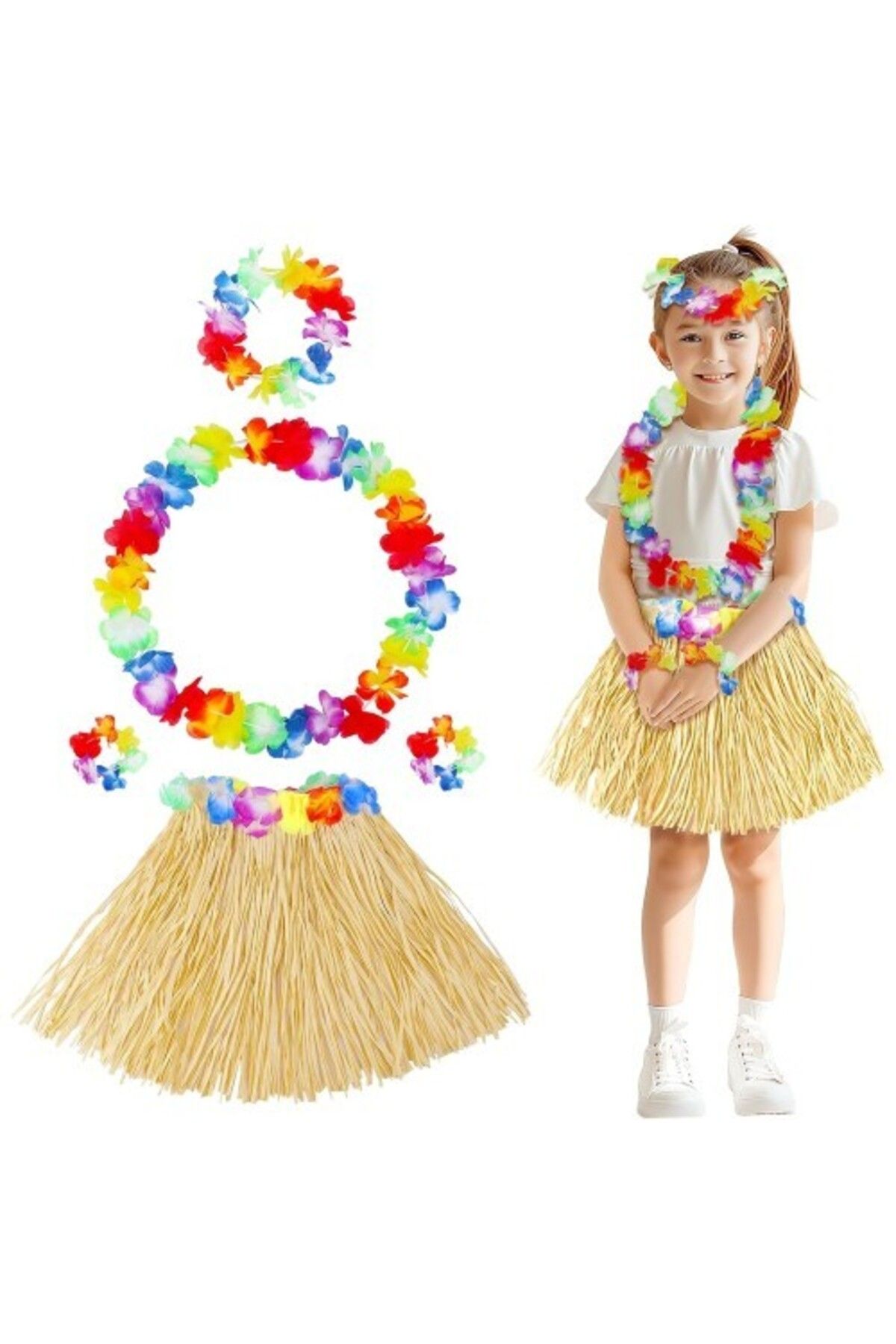 Vemora Yetişkin Çocuk Hawaii Parti Seti - 40 cm Naturel Etek + Çiçek Aksesuarlar (5 Parça)