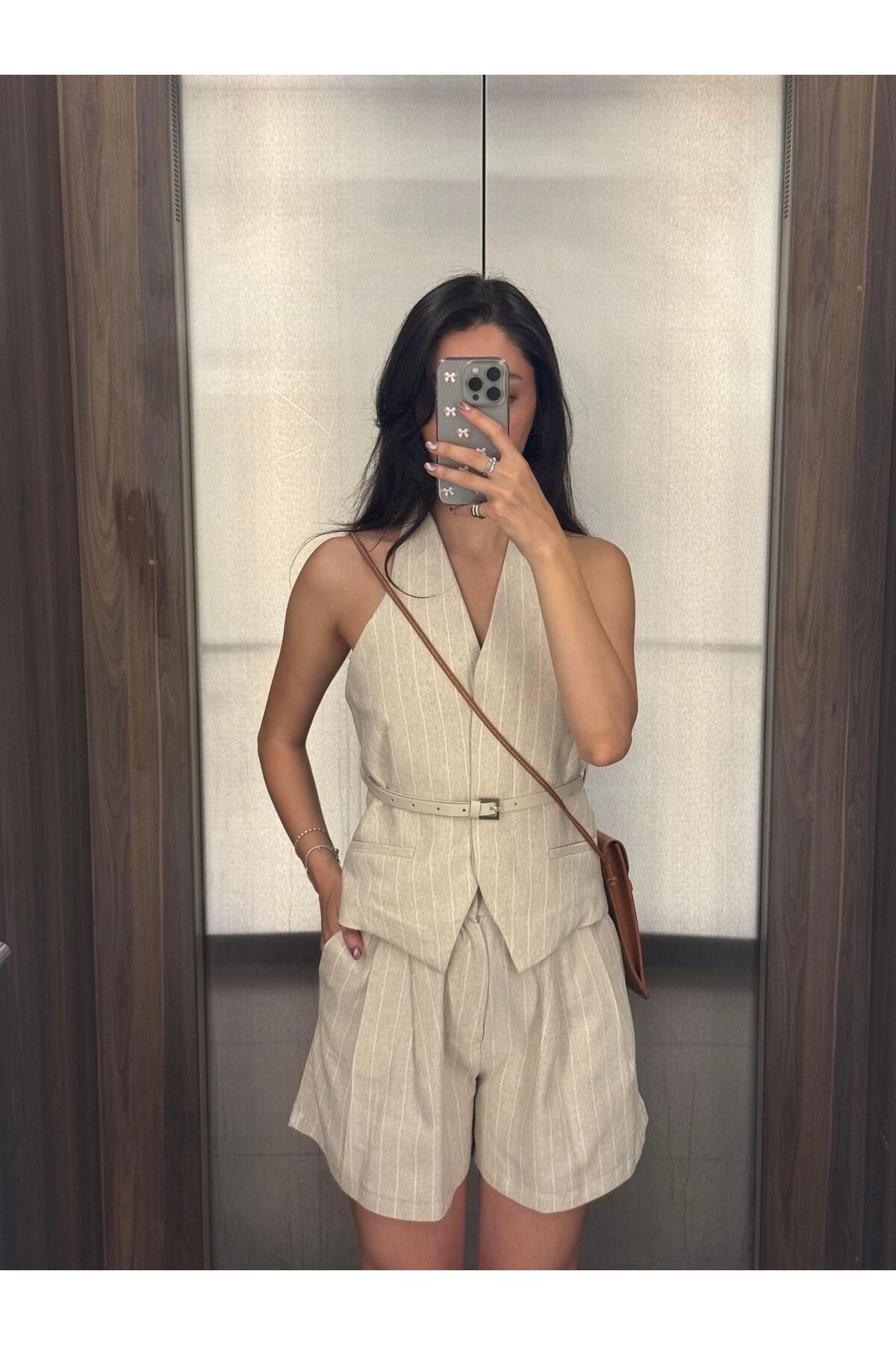 LUUNA STORE ÇİZGİLİ KETEN ŞORT TAKIM