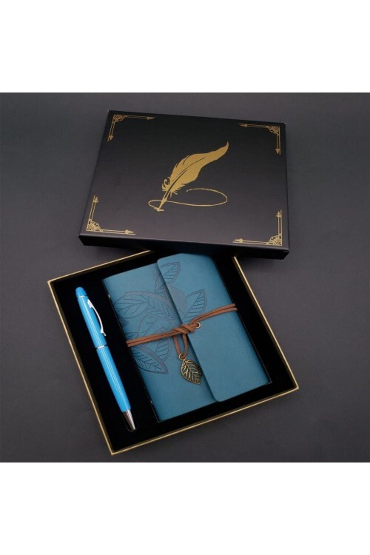 Vemora Metal Kalem Ve Mavi Deri Defter