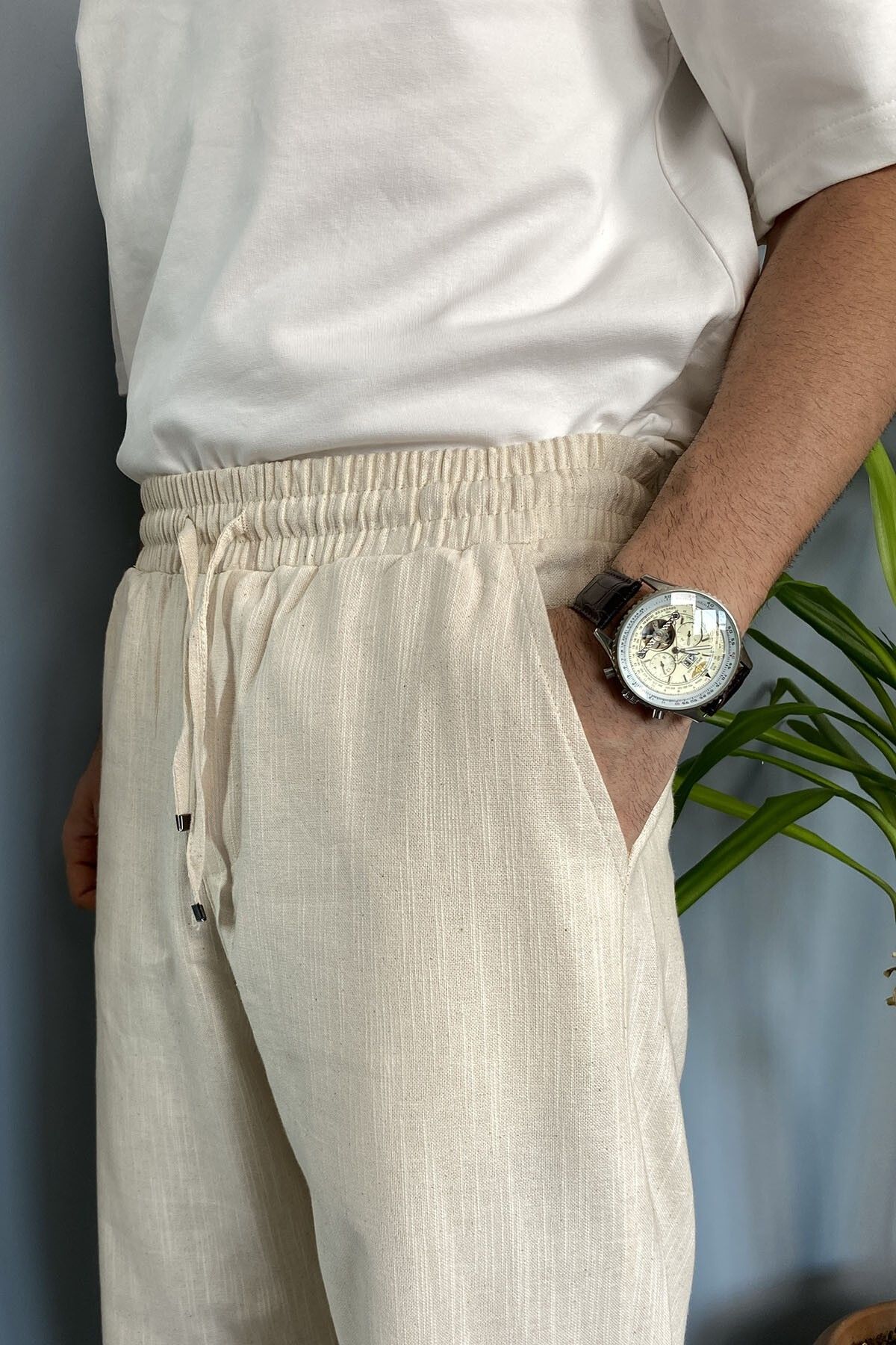 Alışveriş Sokağı Bej Renk Yazlık Keten Baggy Pantolon