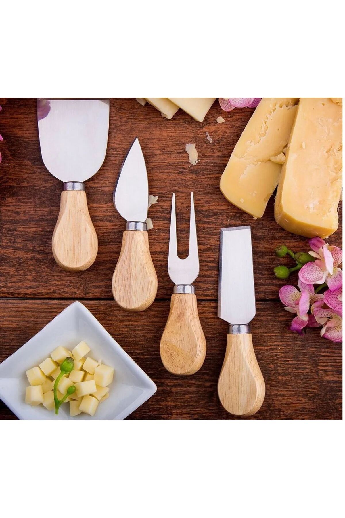 SÇKN 4'lü Bambu Saplı Çelik Peynir Bıçağı Set Çatal Spatula Seti, Sunum Seti Kahvaltı Mutfak Bıçak Seti