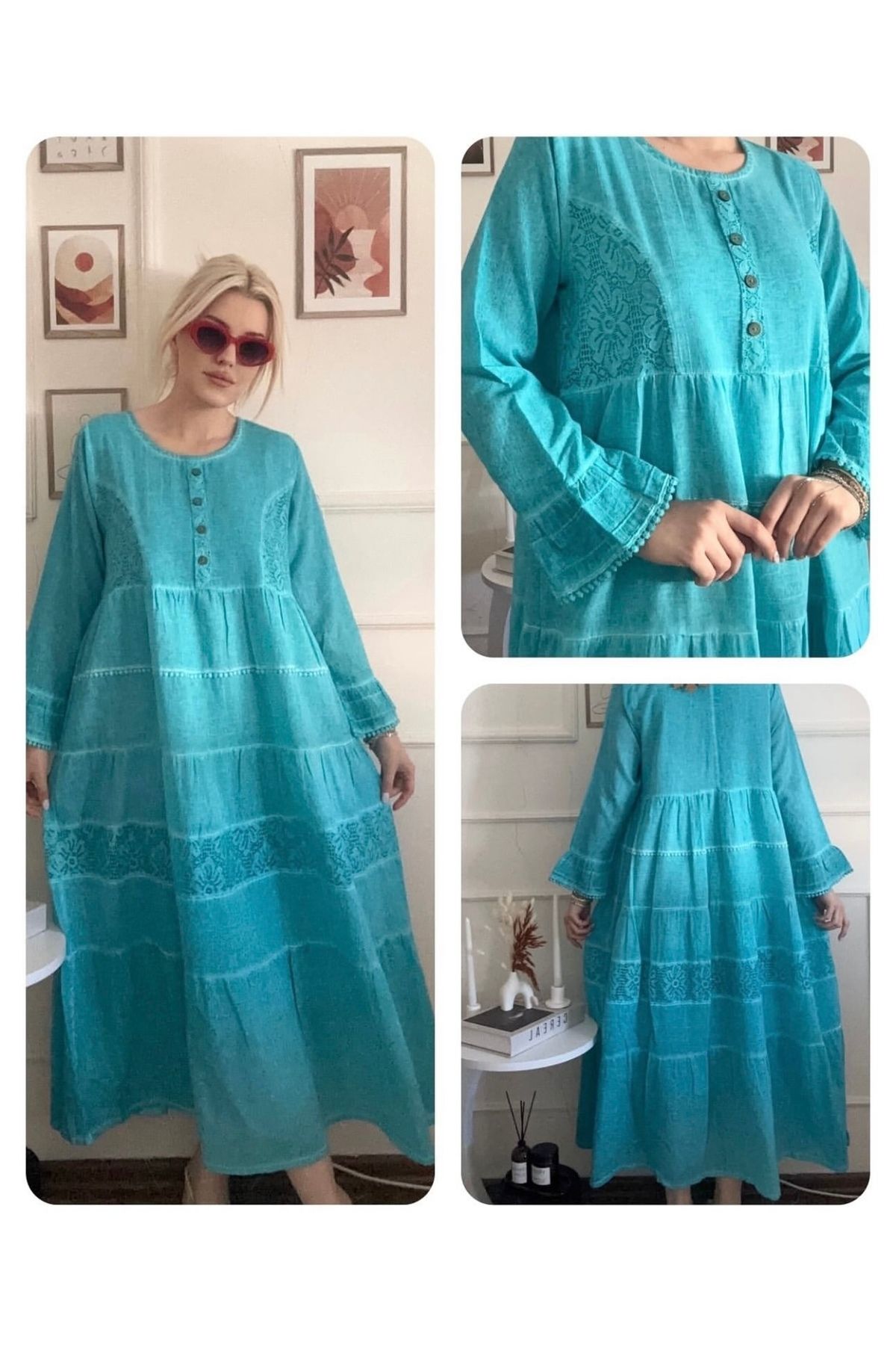 Butik Tesettür astarlı keten dantel güpür detaylı fırfırlı otantik elbise