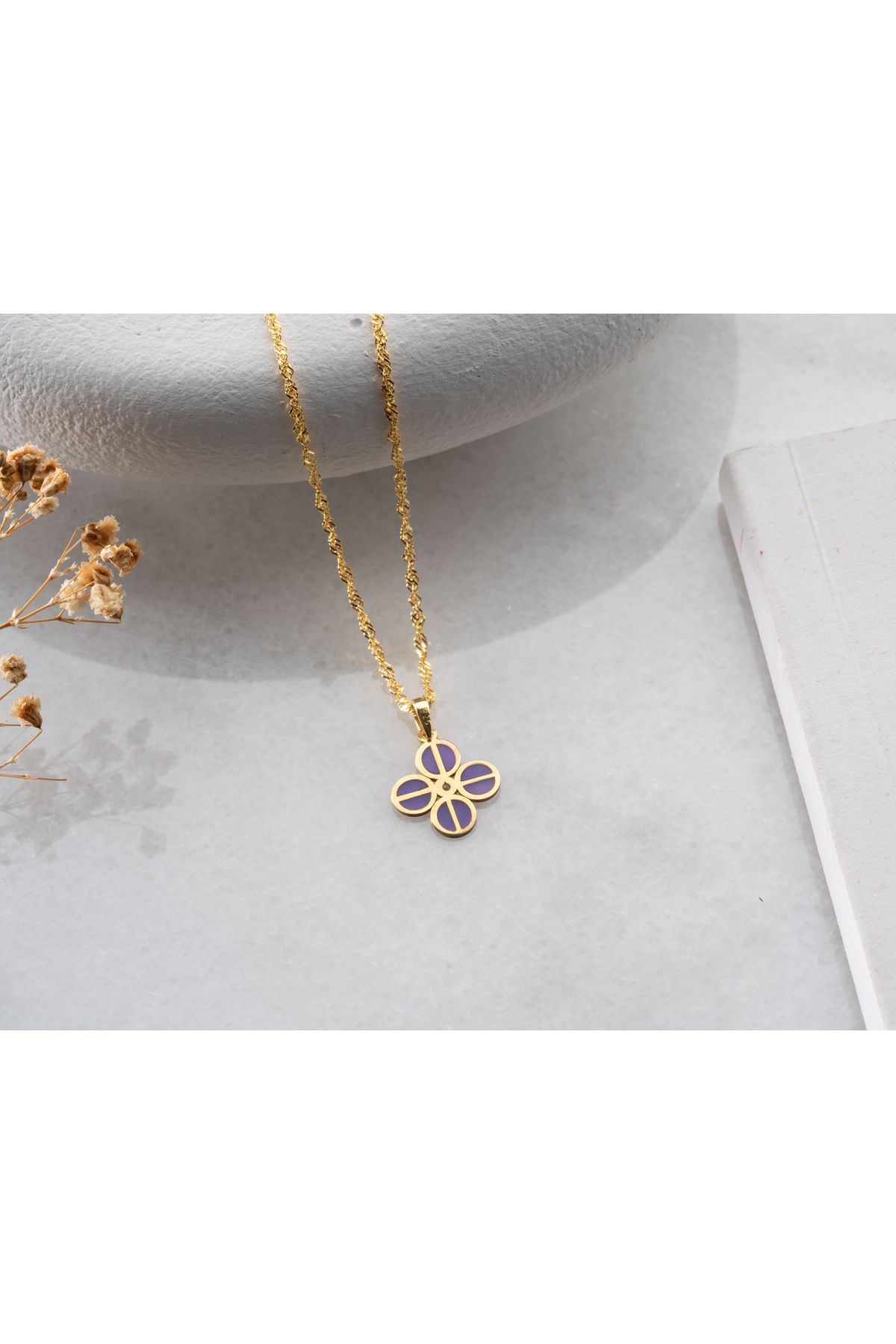 Papatya Silver 925 ayar dört yaprak lila pırlanta yonca kolye<rose,gold,rodaj>