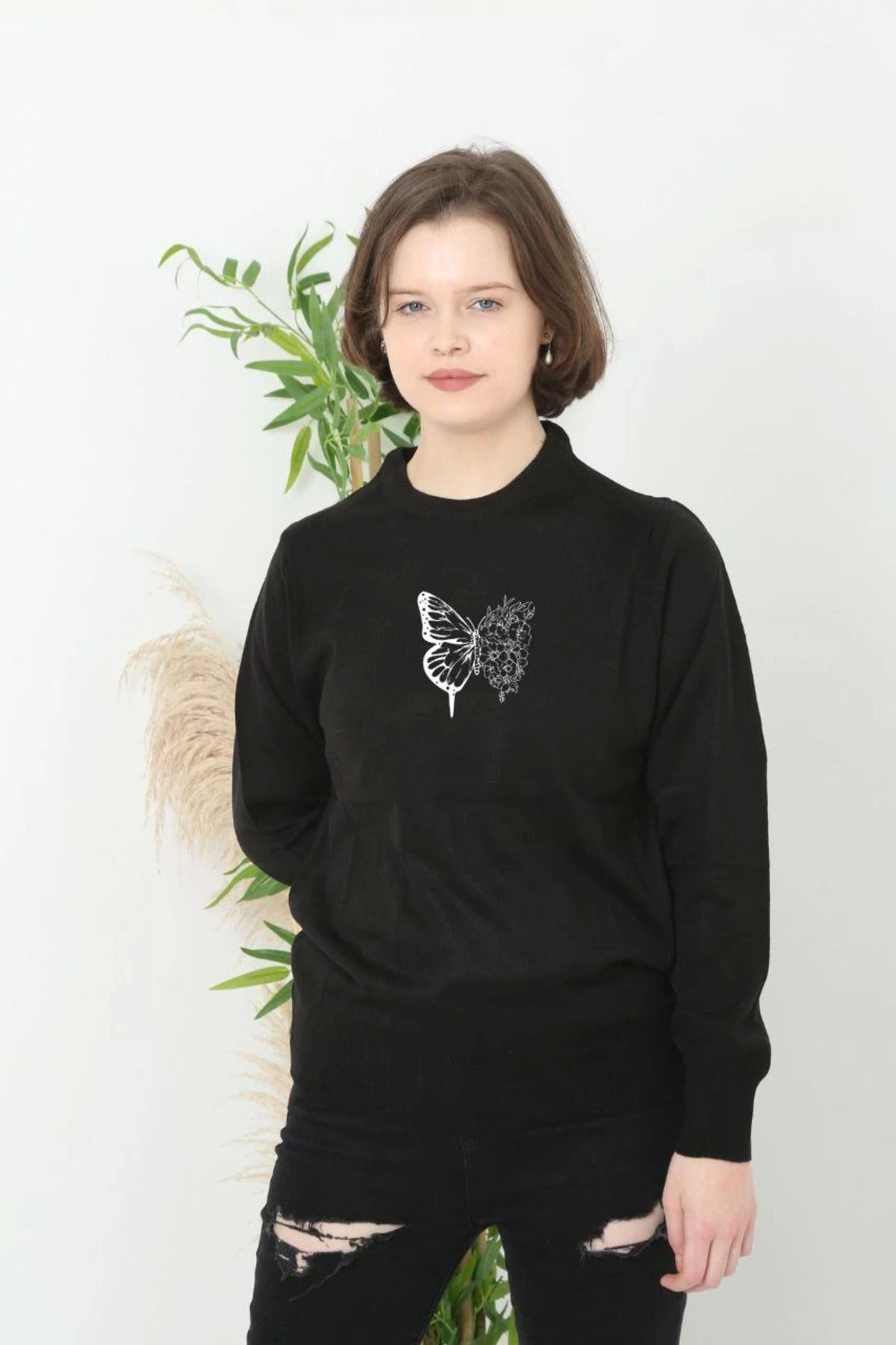 Serero Unisex Bisiklet Yaka Baskılı Dokuma Triko - Siyah