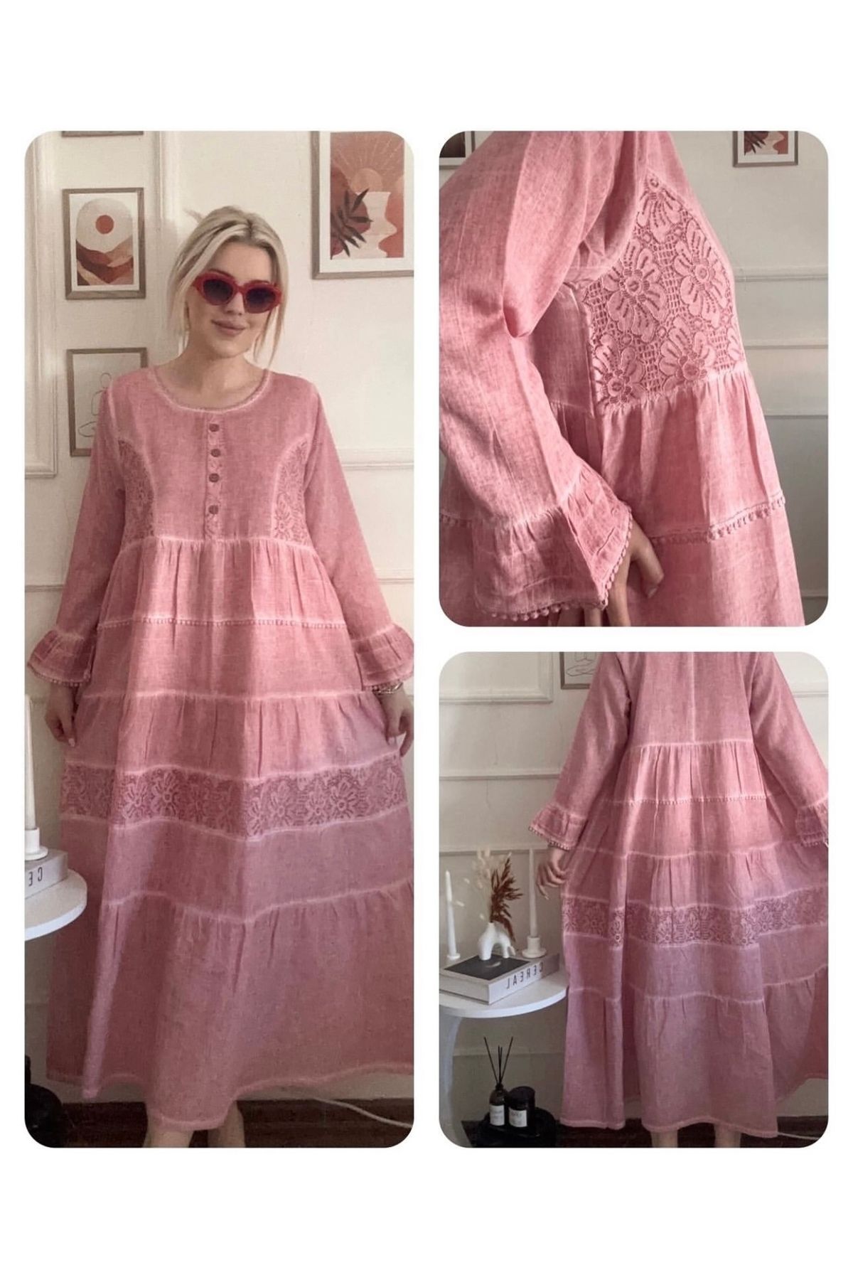 Butik Tesettür astarlı keten dantel güpür detaylı fırfırlı otantik elbise