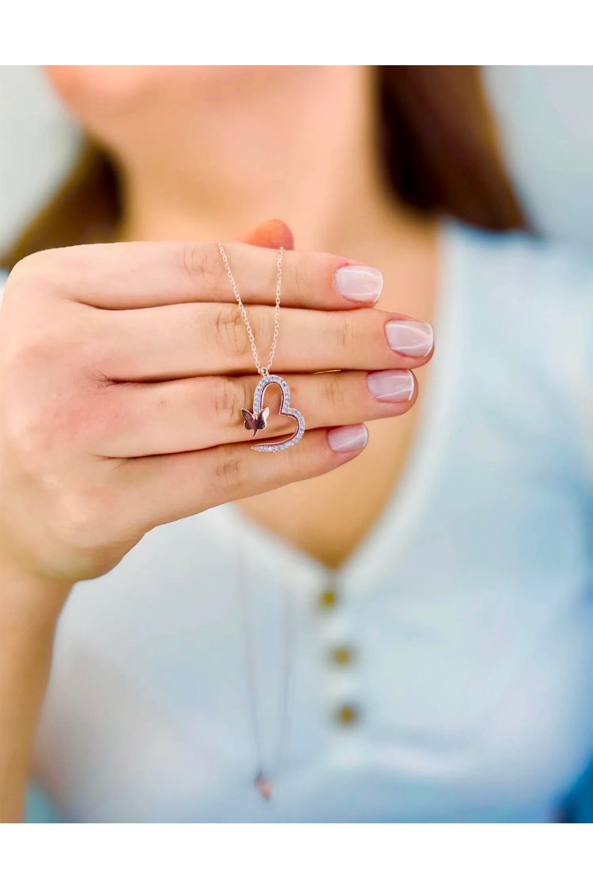 Azra Silver&Aksesuar 925 Ayar Zirkon Taşlı Kelebek Motifli Kalpli Model Zincirli Gümüş Kolye