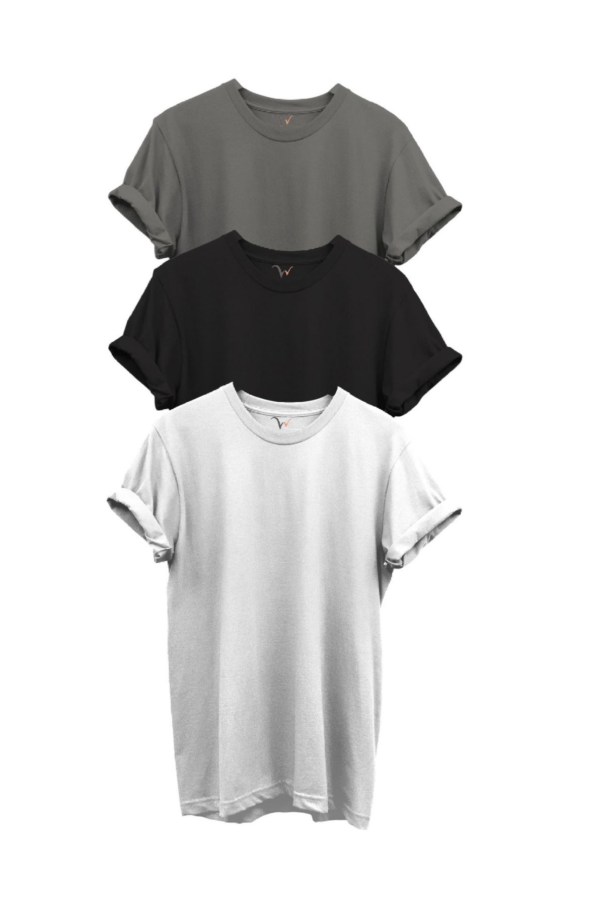 WİDİ 3'lü Antrasit Gri Siyah Beyaz Set %100 Pamuk Regular Fit Bisiklet Yaka Premium T-shirt