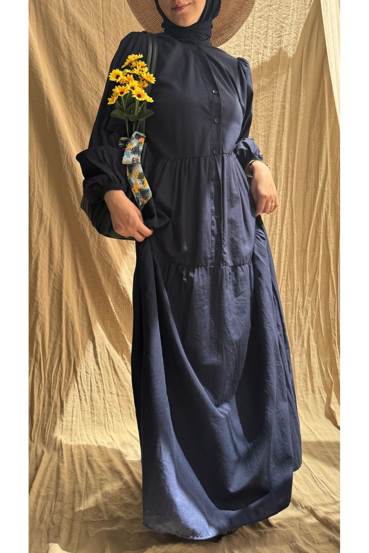 Mina Terzi&Butik Tesettür Yazlık Poplin Önden Düğmeli Fırfırlı Elbise