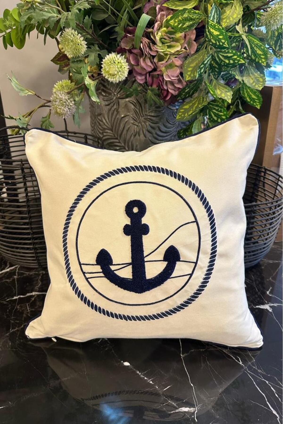 Çeyiz Diyarı Denizci Lüx Nakışlı Keten Kırlent Kılıfı 45x45 cm
