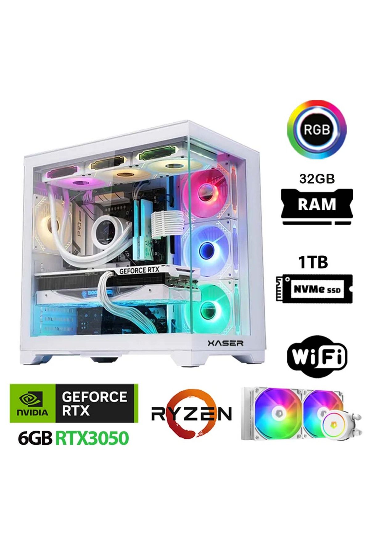 XASER Sword X90 Ryzen 5 5600 32GB Ram 1TB M.2 NVMe SSD 6GB RTX3050 Sıvı Soğutmalı Oyuncu Bilgisayarı
