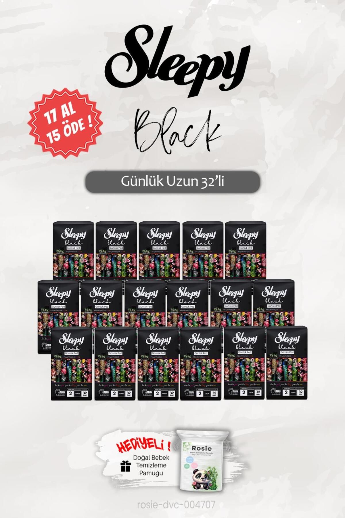 Sleepy 17 AL 15 ÖDE Uzun 32 'li Black Günlük Ped, ROSIE Hediye
