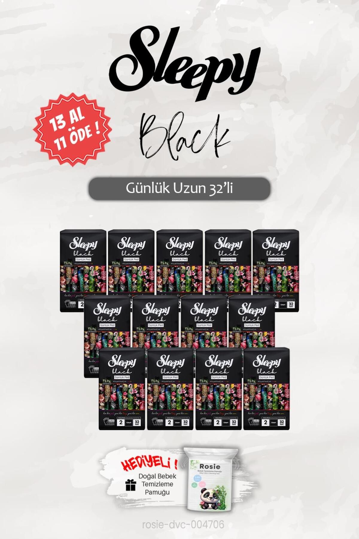 Sleepy 32 'li Uzun Black Günlük Ped 13 Al 11 ÖDE, ROSIE Hediye