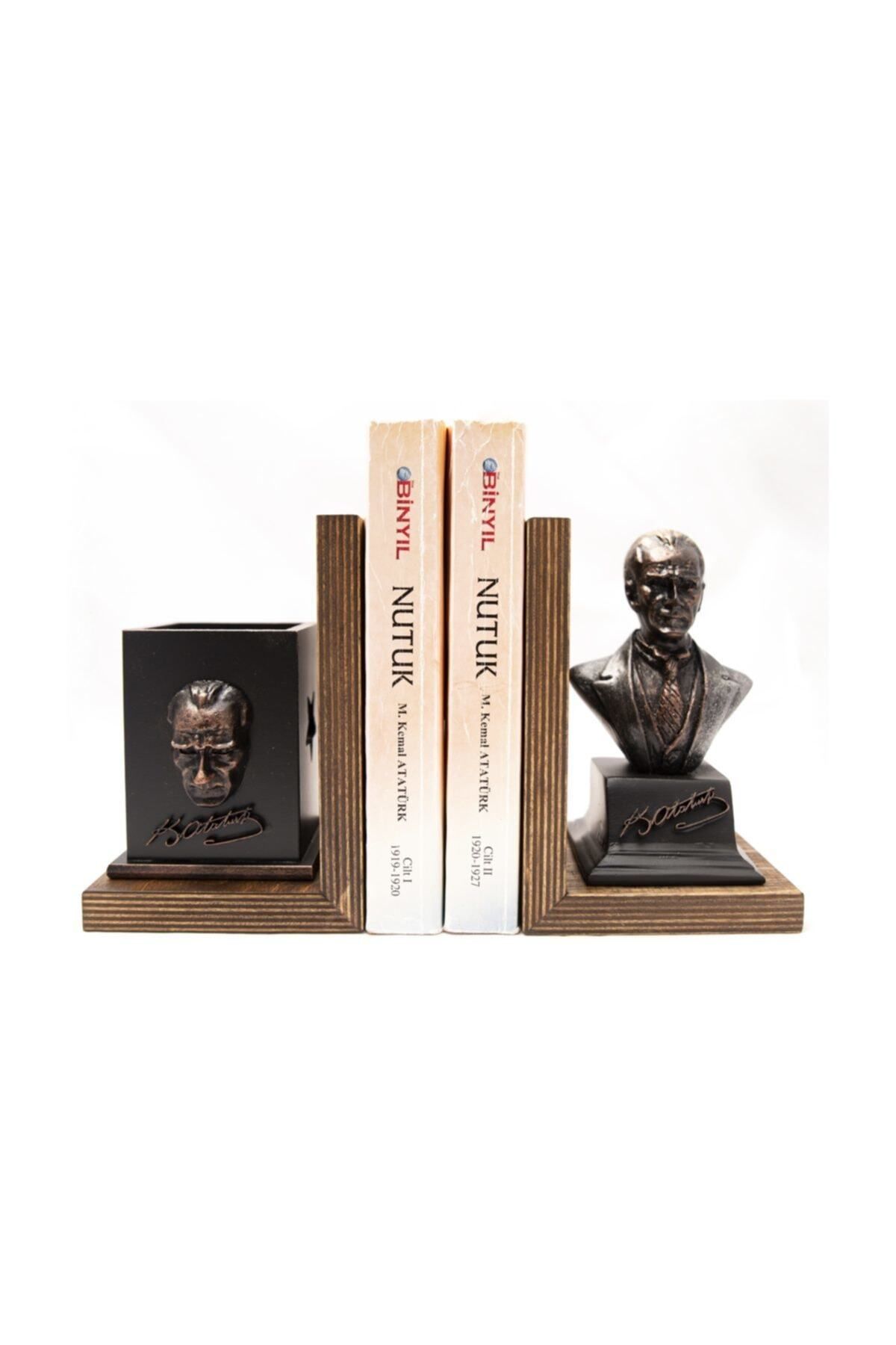 DEKORANLA Şık Atatürk Büst Biblo ve Kalemlikli Kitap Tutucu Dekorasyonu