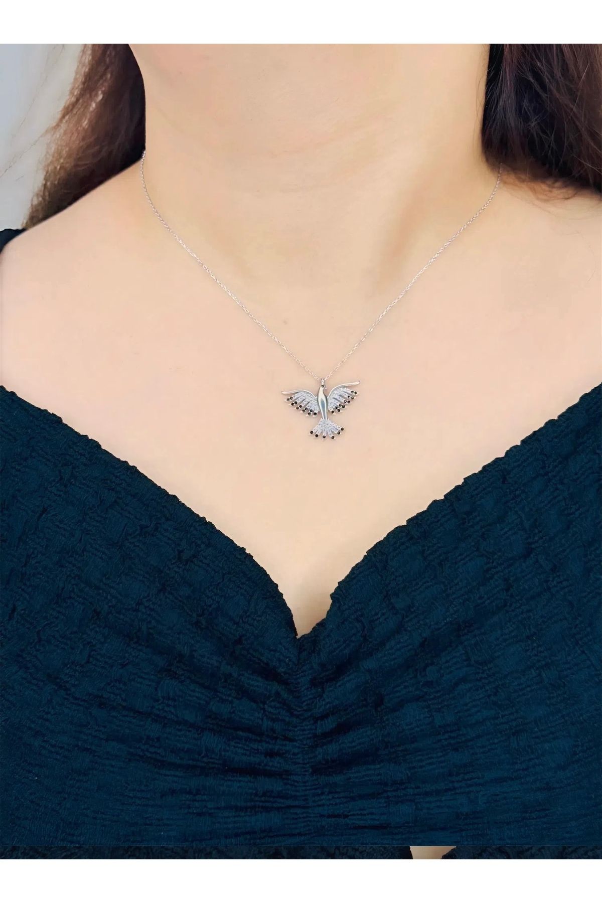 Azra Silver&Aksesuar 925 Ayar Kenarı Siyah Anka Kuşu Model Zincirli Gümüş Kolye