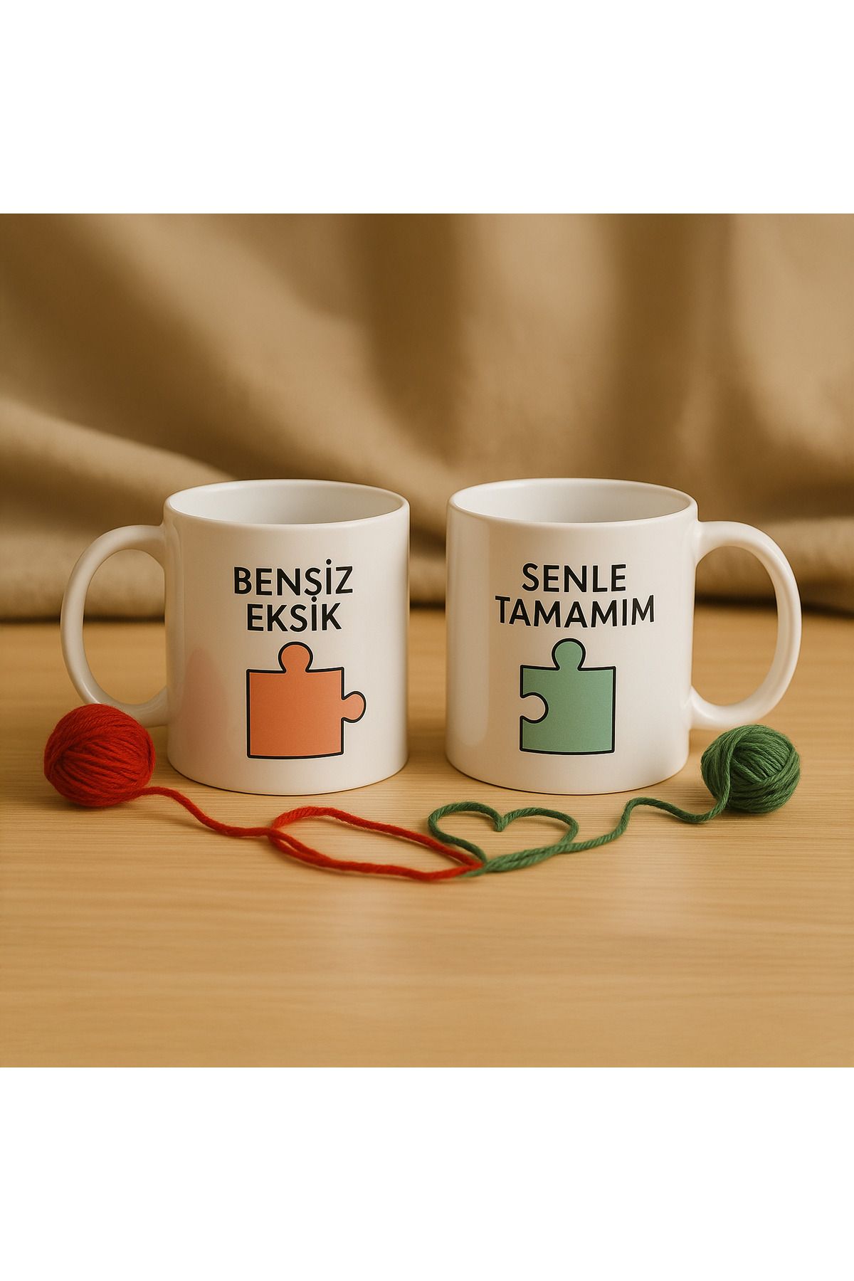 Düvencioğlu Bensiz Eksik Senle Tamamım Yazılı Puzzle Temalı Çift Kupa Bardak Seti - 2 Adet 350 ml Seramik Kupa