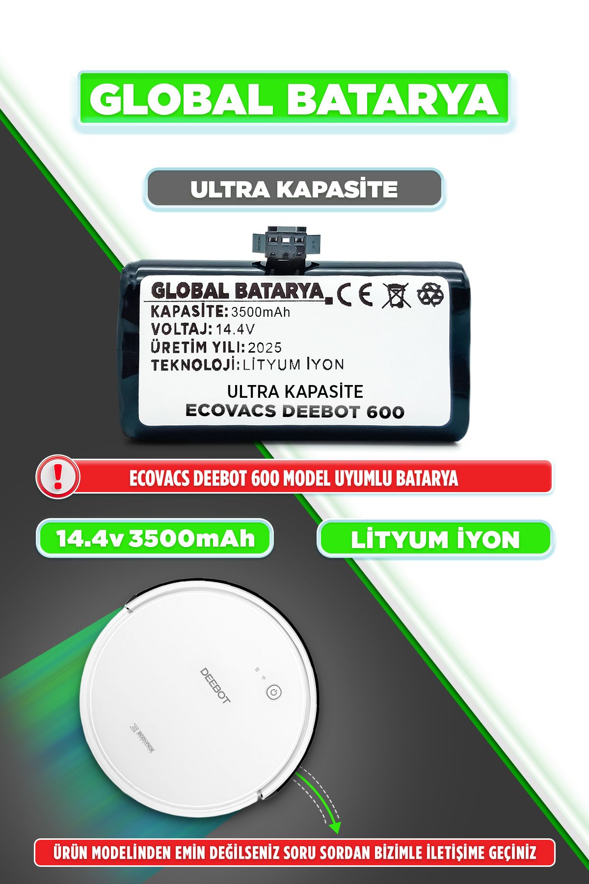 GLOBAL BATARYA Ecovacs Deebot 600 Uyumlu Robot Süpürge Bataryası 14.4v 3500mah Pil (ULTRA KAPASİTE)