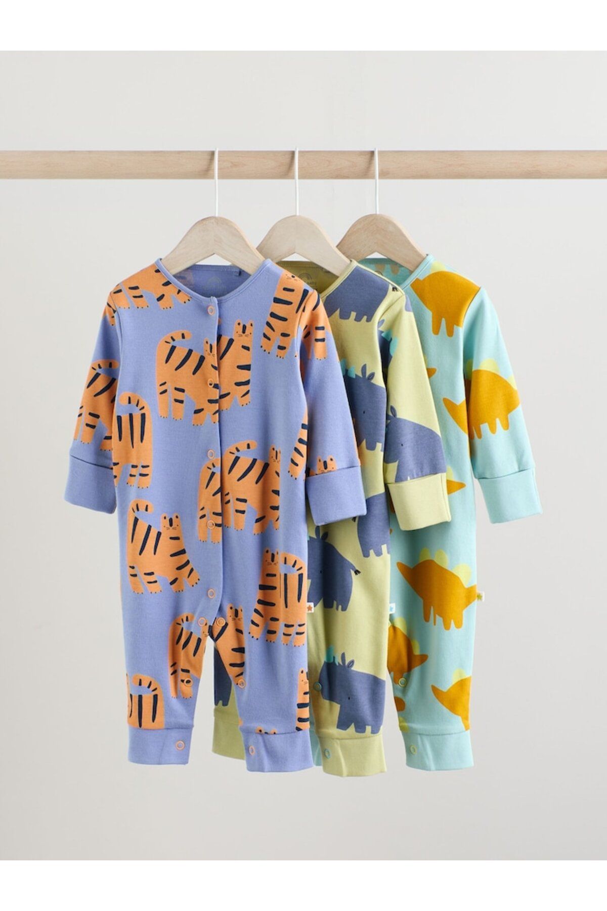 Next Baby %100 Pamuklu Mavi Krem Animal Desenli 3'lü Tulum Set