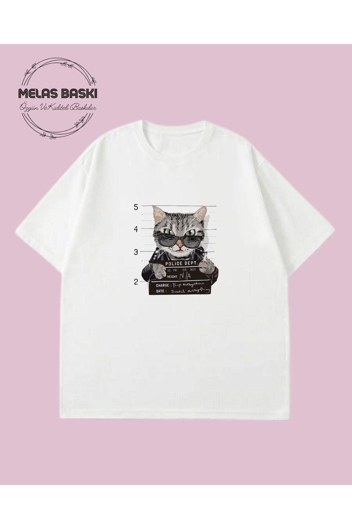 MELAS BASKI Pamuklu Oversize Kedi Baskılı Tişört