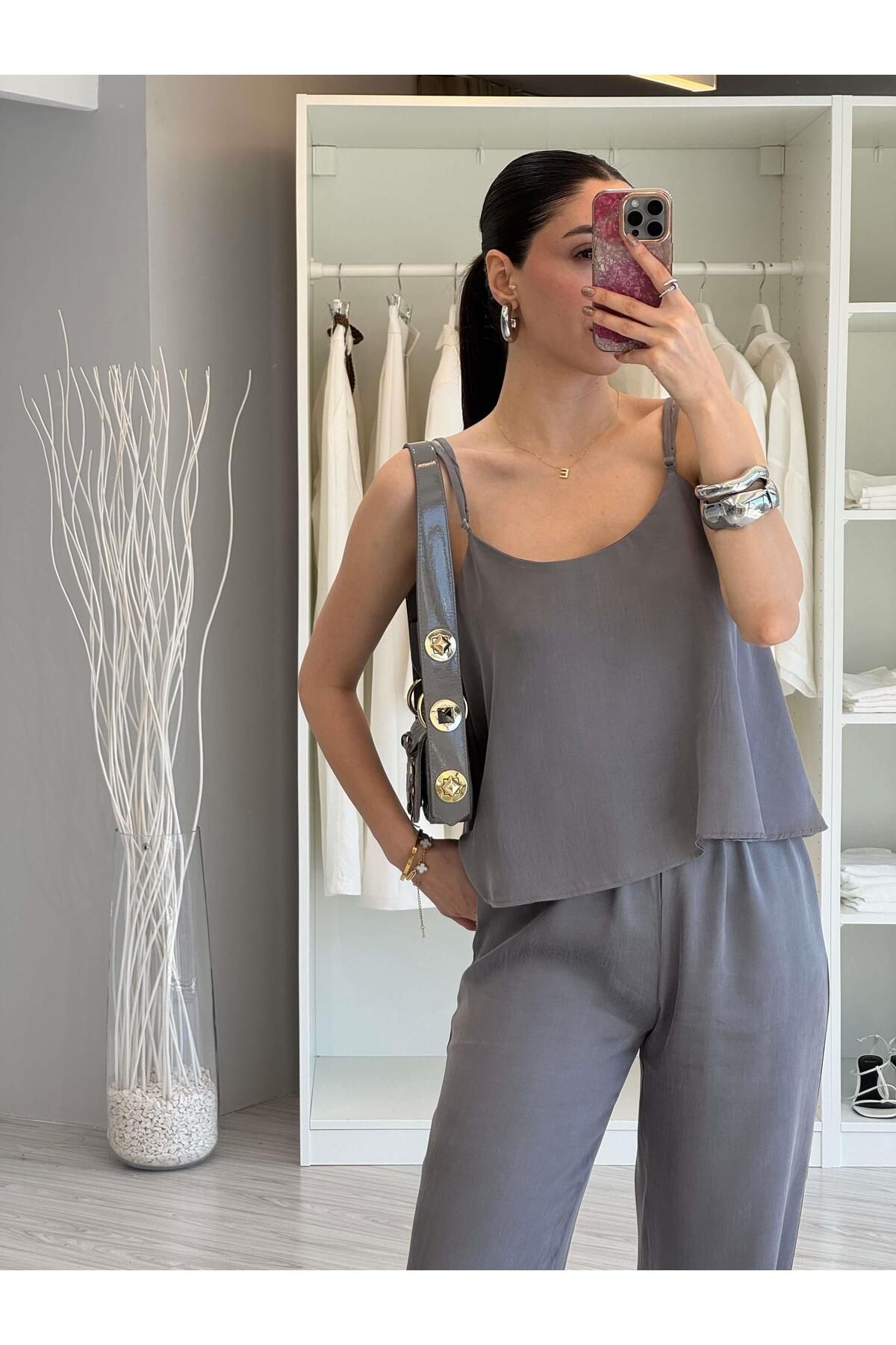 LUUNA STORE Askılı Bluz Pantolon Takım