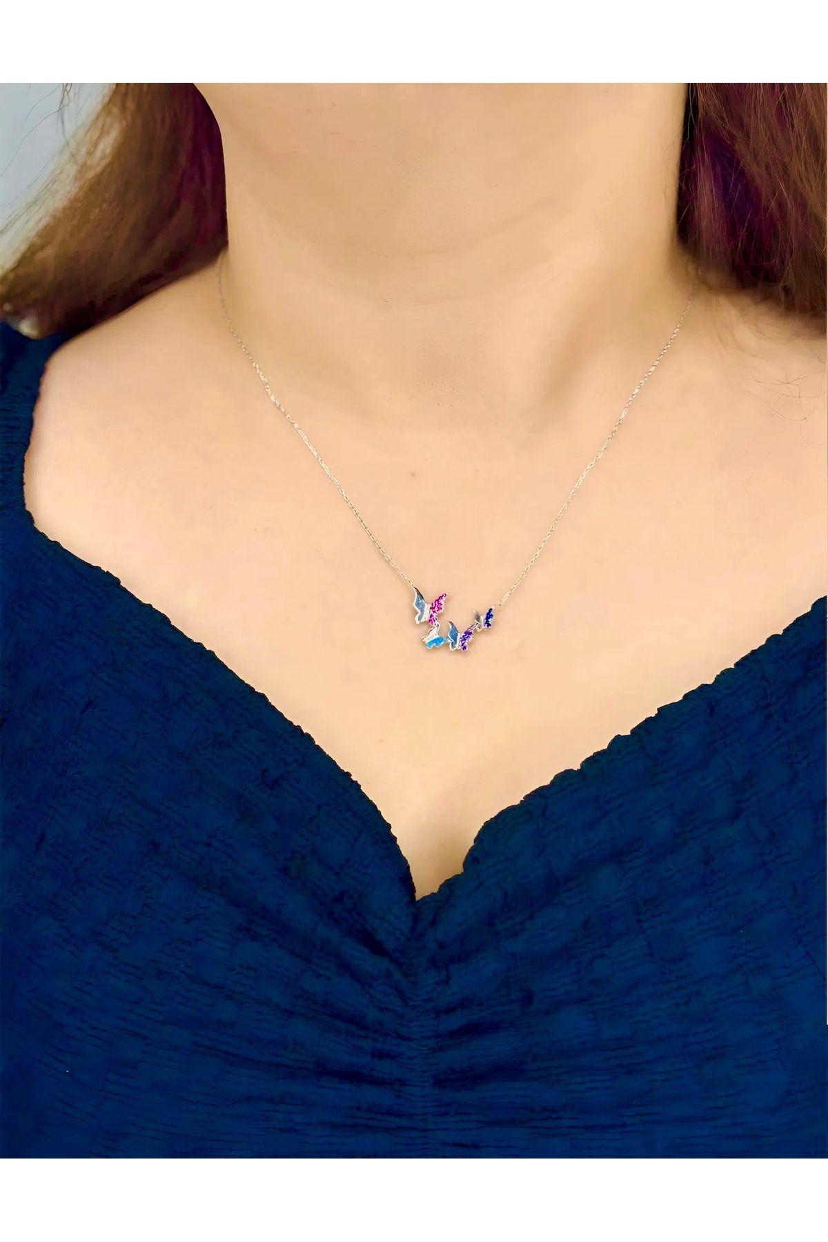 Azra Silver&Aksesuar 925 Ayar Sade Ve Renkli Taşlı Kelebek Model Zincirli Gümüş Kolye