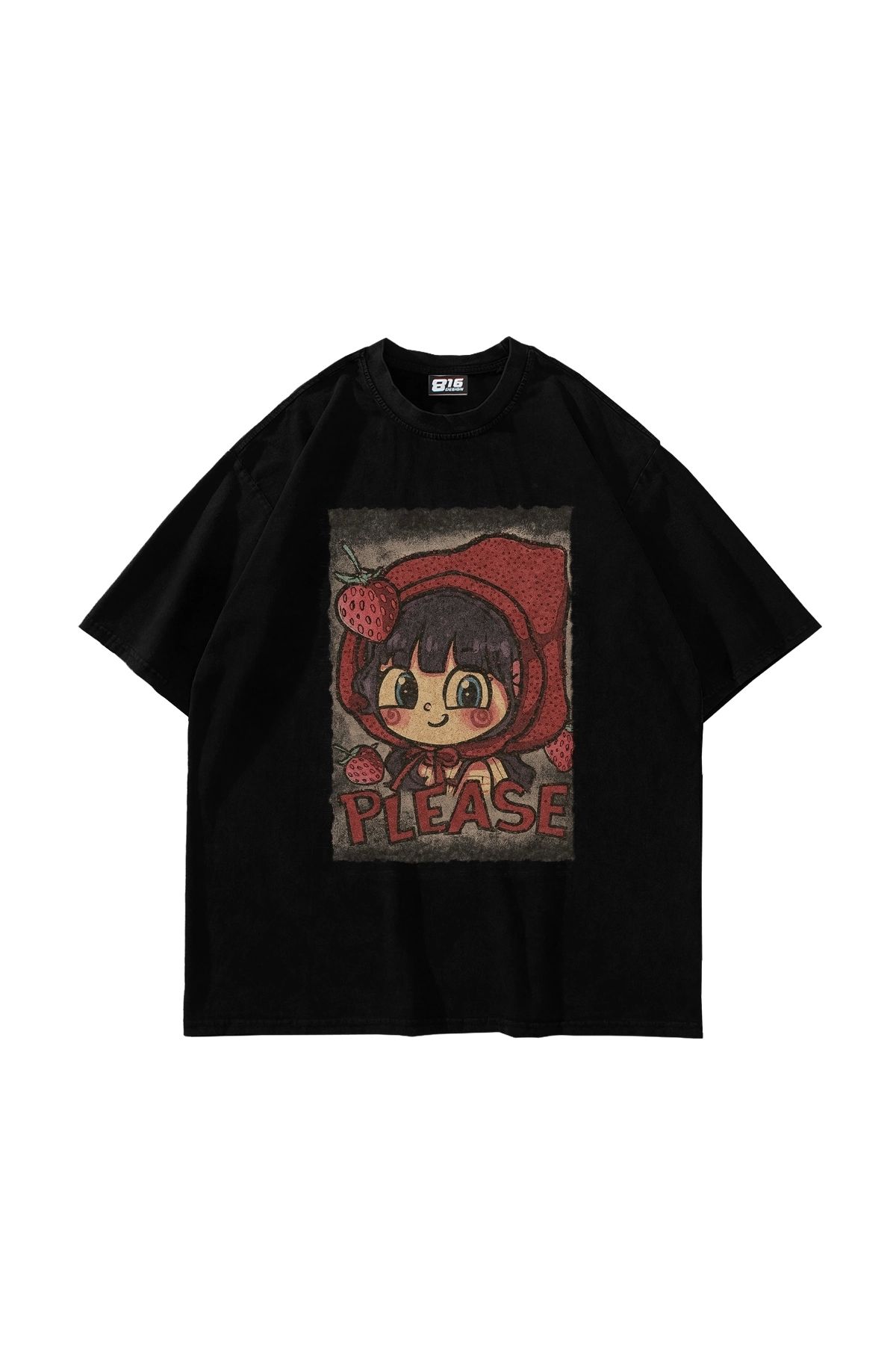 Bak Moda Little Red Riding Hood Baskılı Oversize Unisex Siyah Tshirt