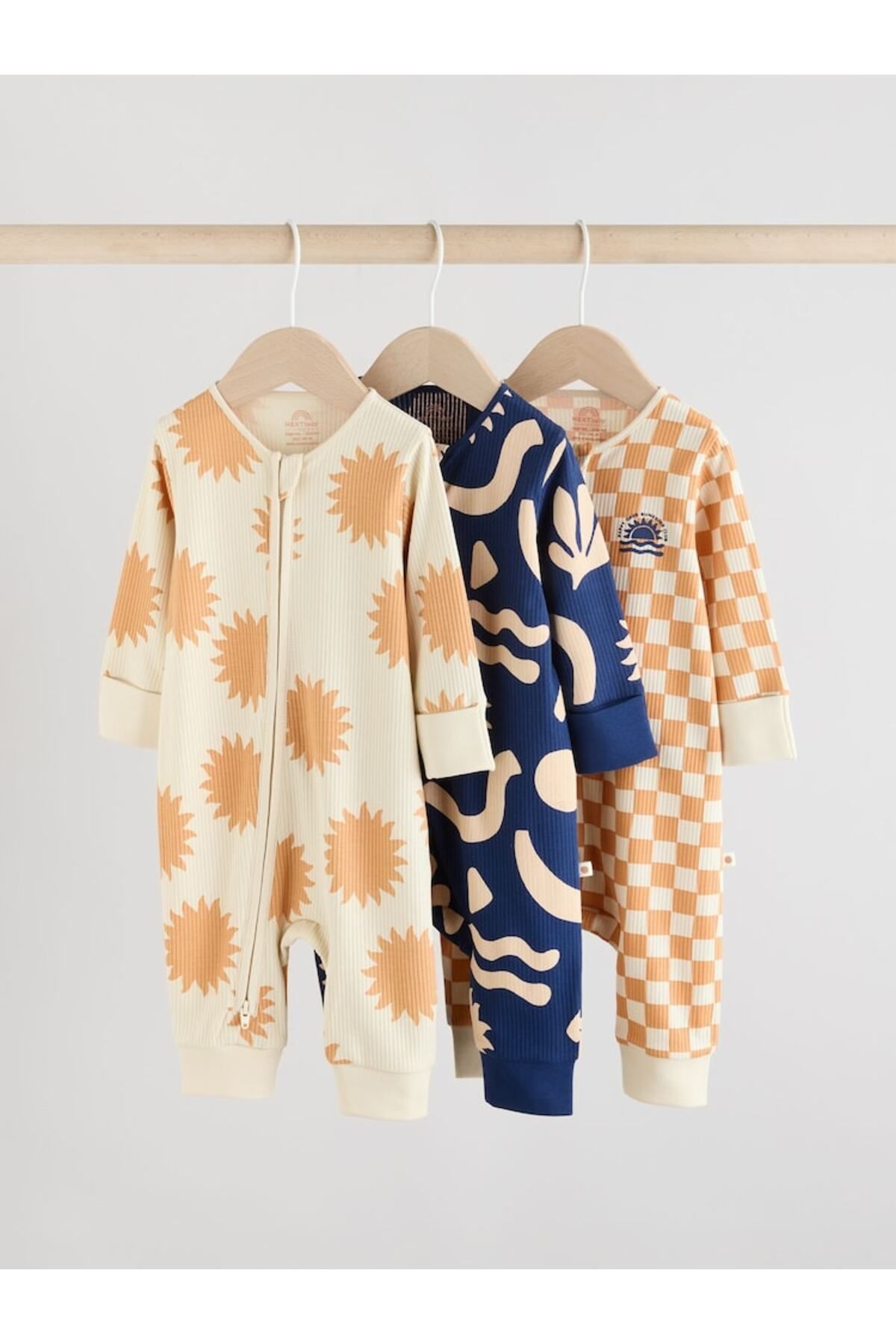 Next Baby %100 Pamuklu Krem Lacivert Baskılı 3'lü Tulum Set